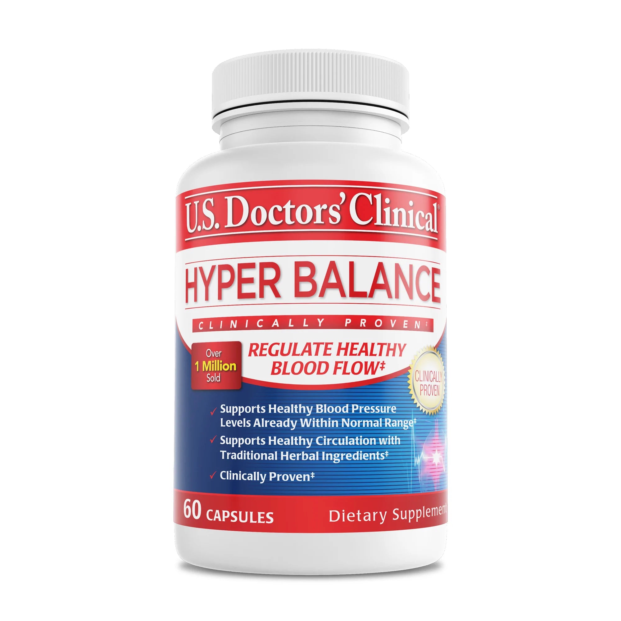 A bottle of clinically proven HyperBalance by U.S. Doctors' Clinical on a white background