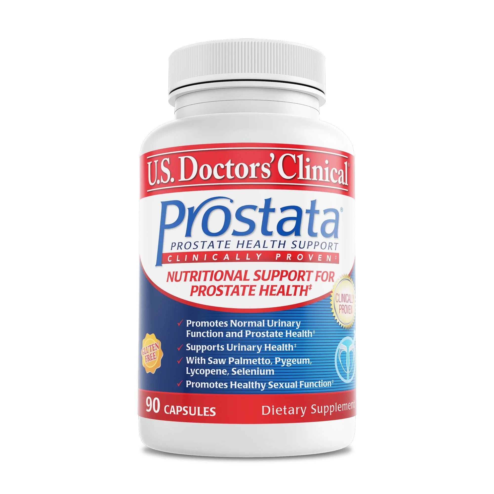 A bottle of U.S. Doctors' Clinical Prostata with nutritional support for prostate health on the front label