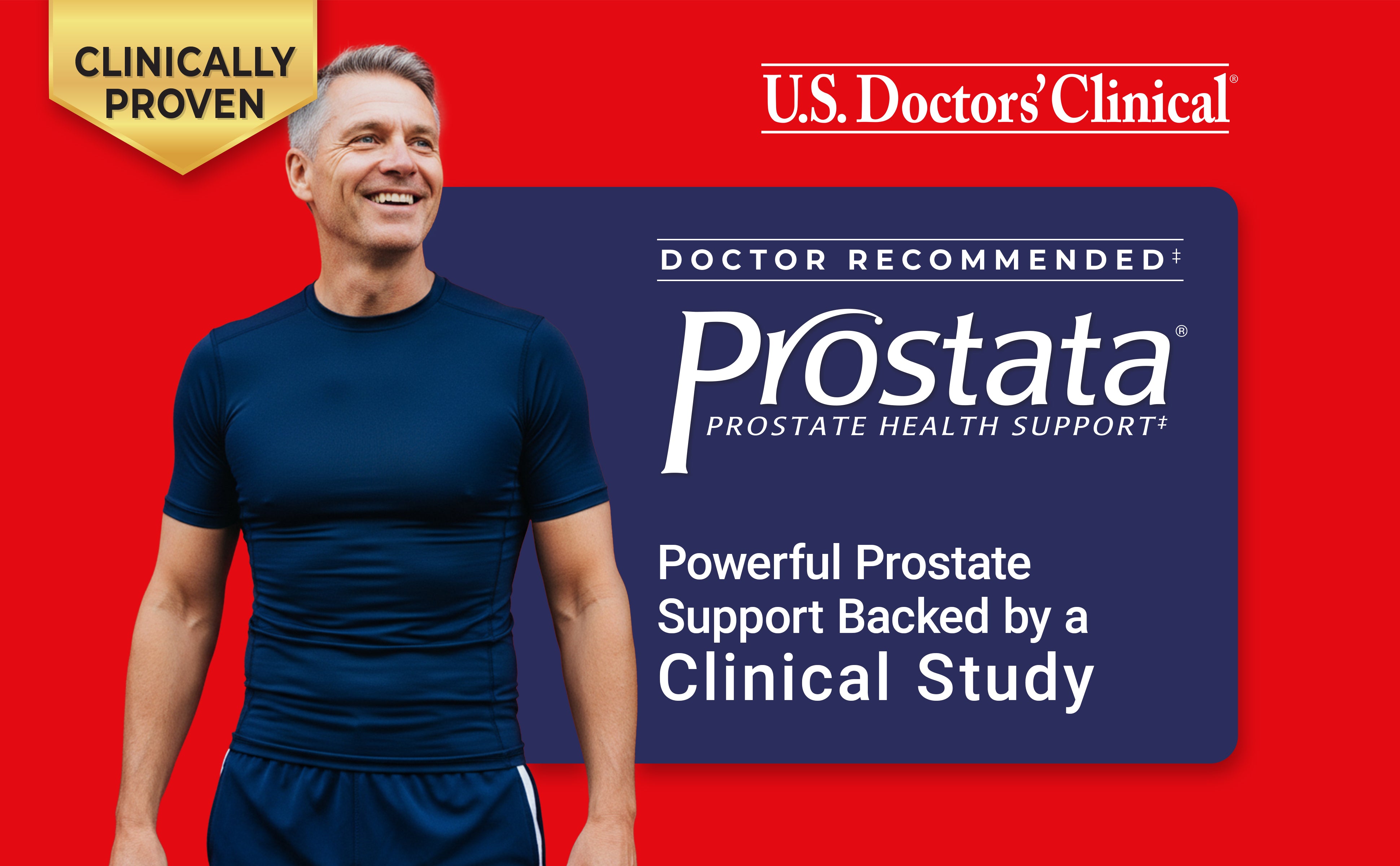 Advertisement for U.S. Doctors' Clinical Prostata product with a man in a blue shirt on a red background with text about powerful prostate support