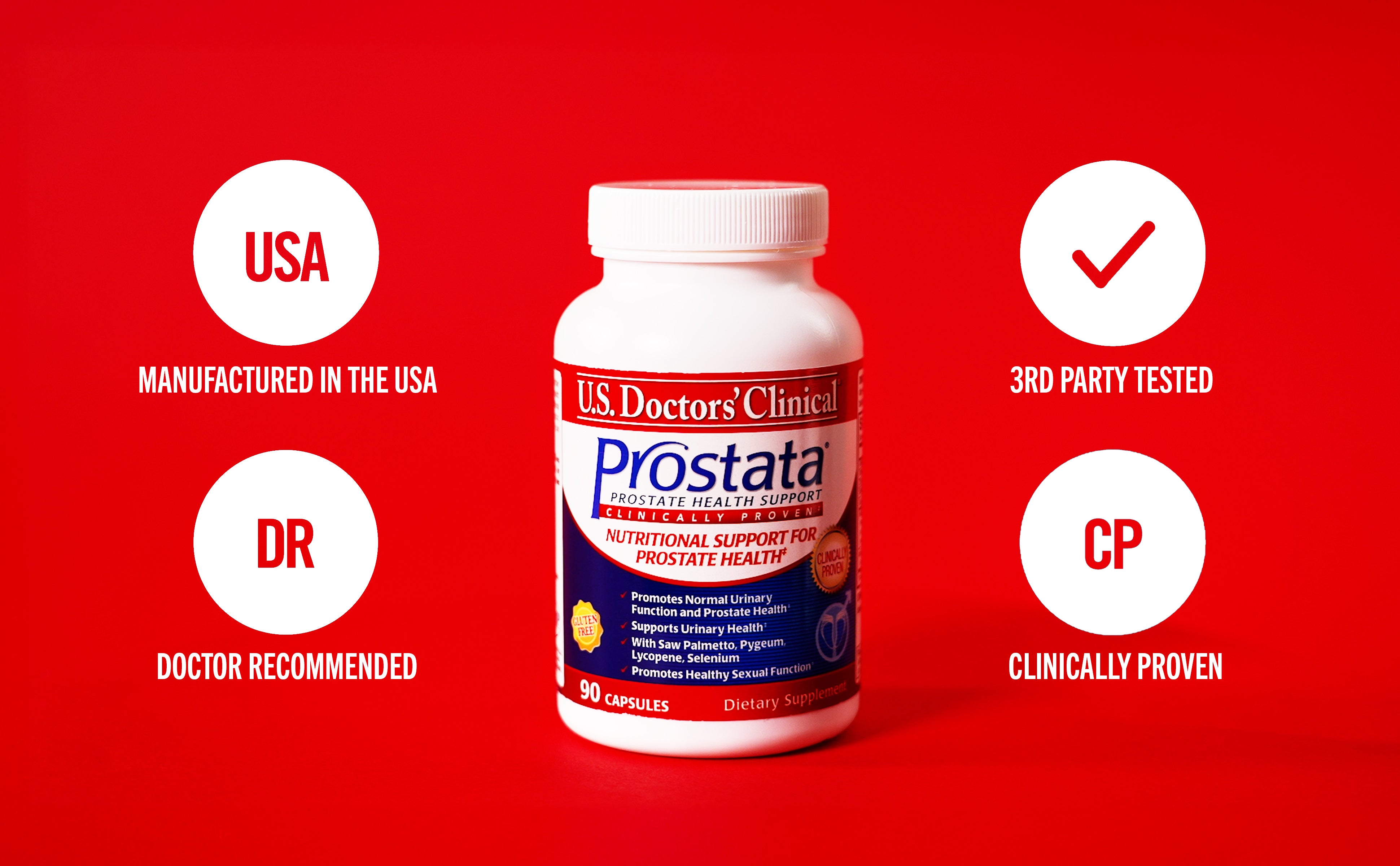 US Doctors Clinical Prostata supplement bottle on a red background with certification badges.