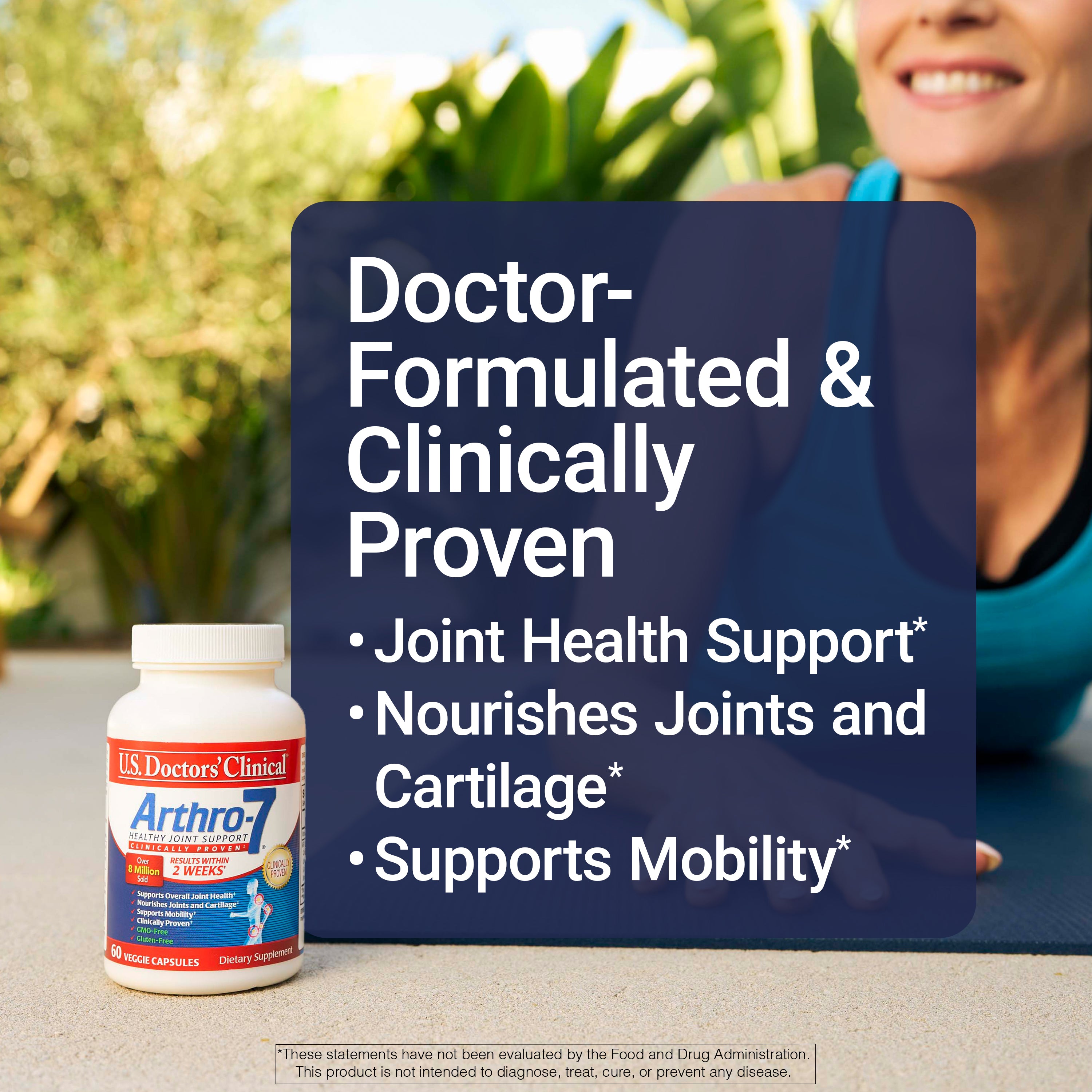 US Doctors' Clinical Arthro7 supplement bottle with promotional text about joint health support on a blurred outdoor background.