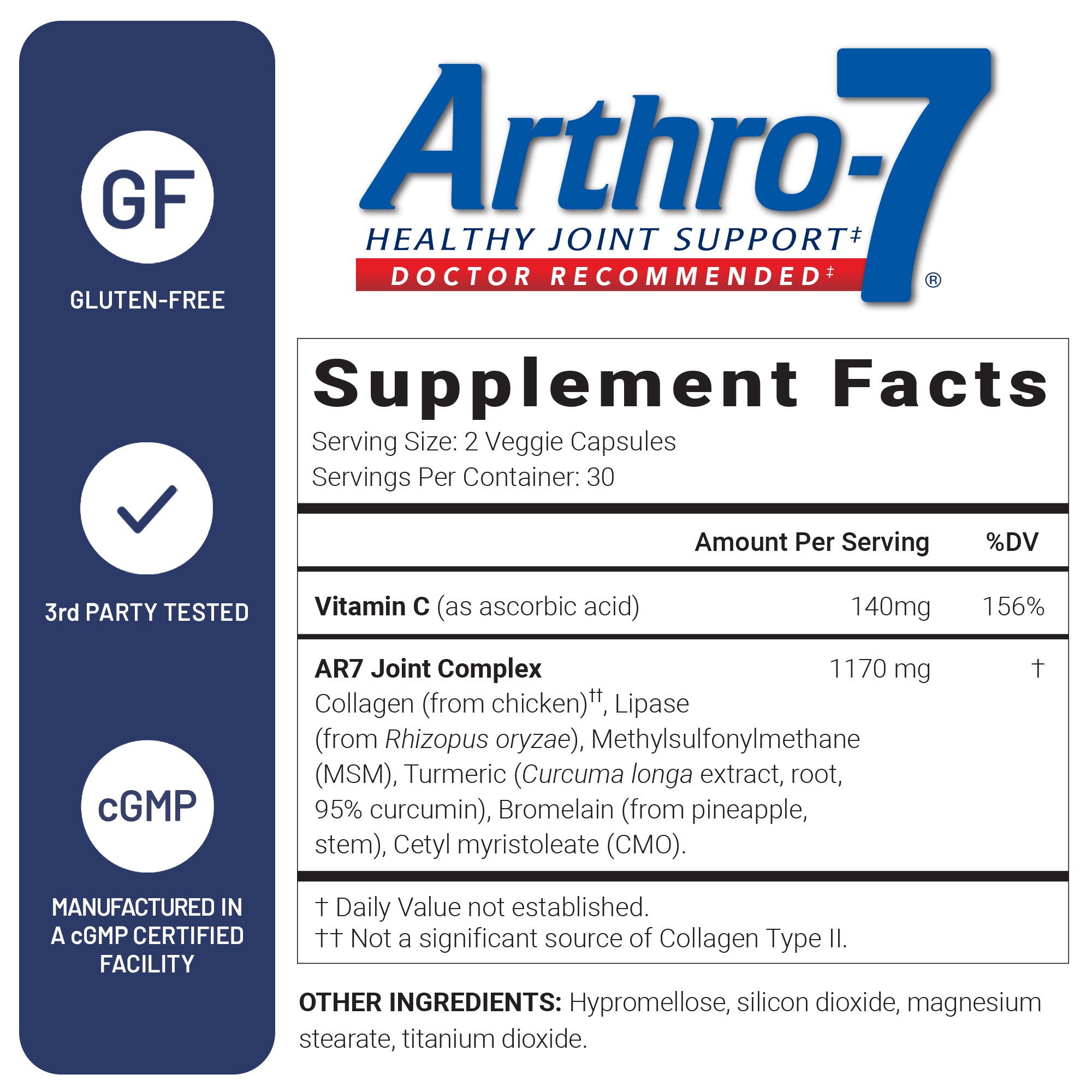 U.S. Doctors' Clinical Arthro-7 supplement label with it being gluten free, 3rd party tested, and manufactured in a cGMP certified facility.