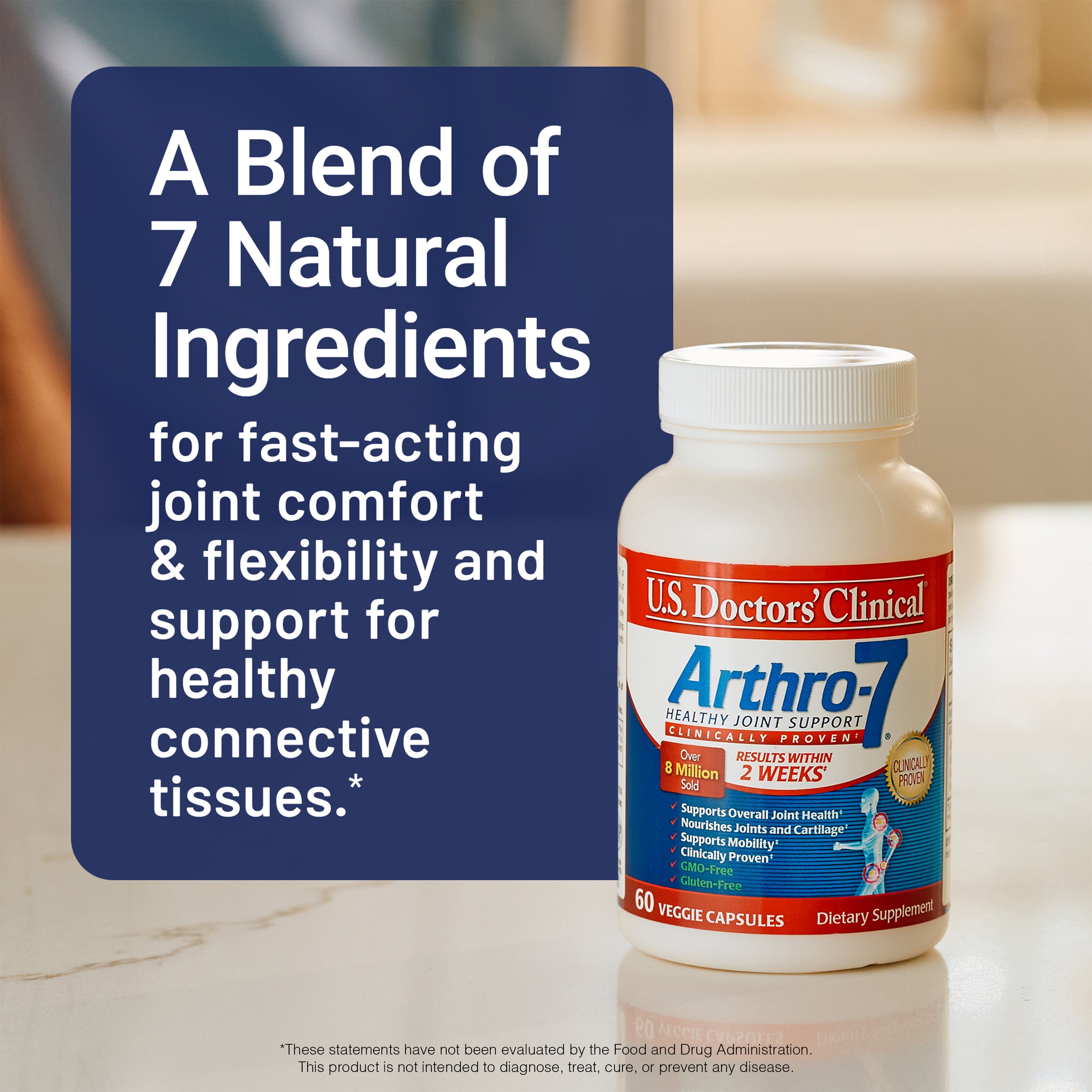 U.S. Doctors' Clinical Arthro-7 supplement bottle with text about natural ingredients on a blue background.
