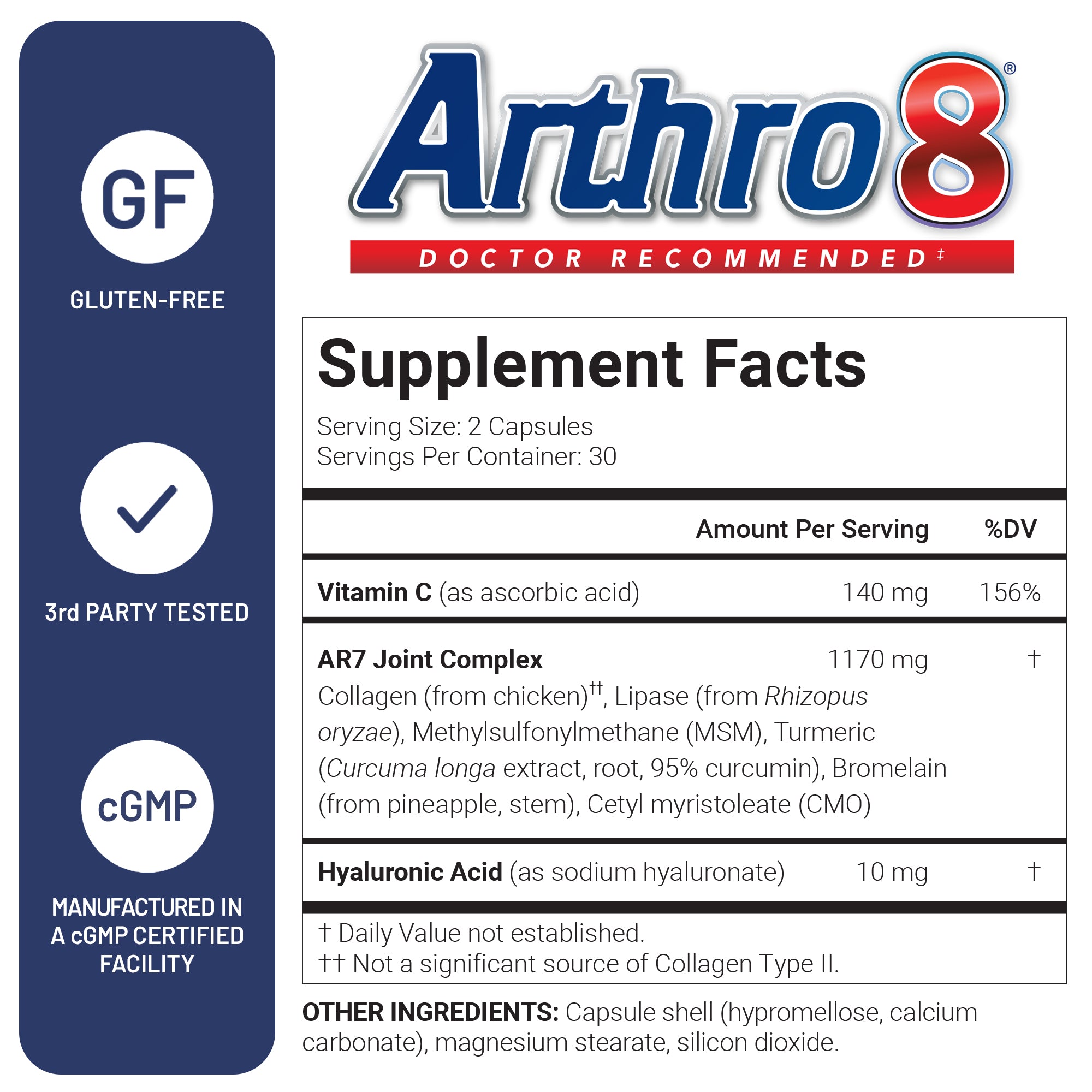 U.S. Doctors' Clinical Arthro8 supplement fact label with icons stating its gluten free, 3rd party tested, and manufactured in a cGMP certified facility