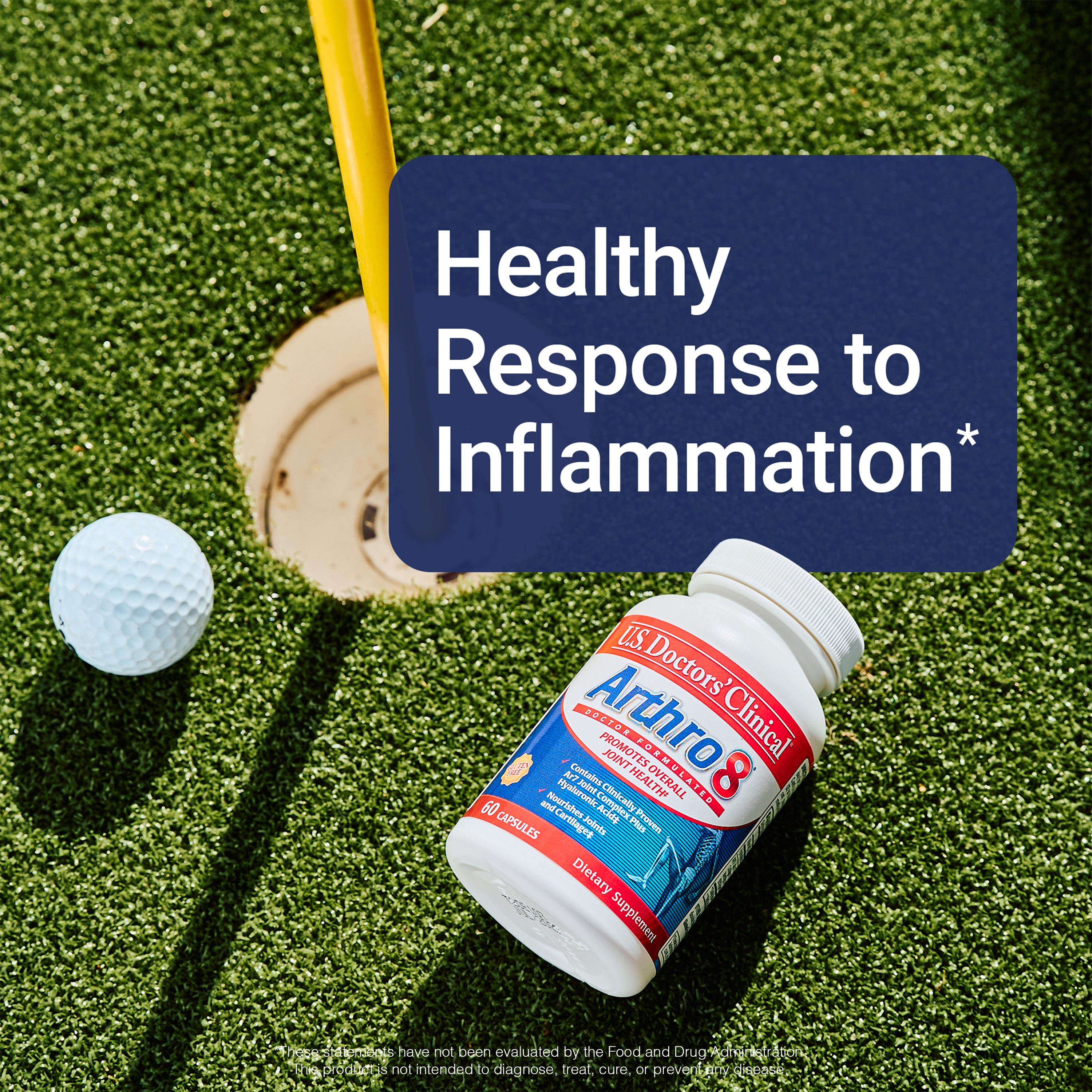 Bottle of Arthro 8 supplement on a grassy background with text about health inflammation response.