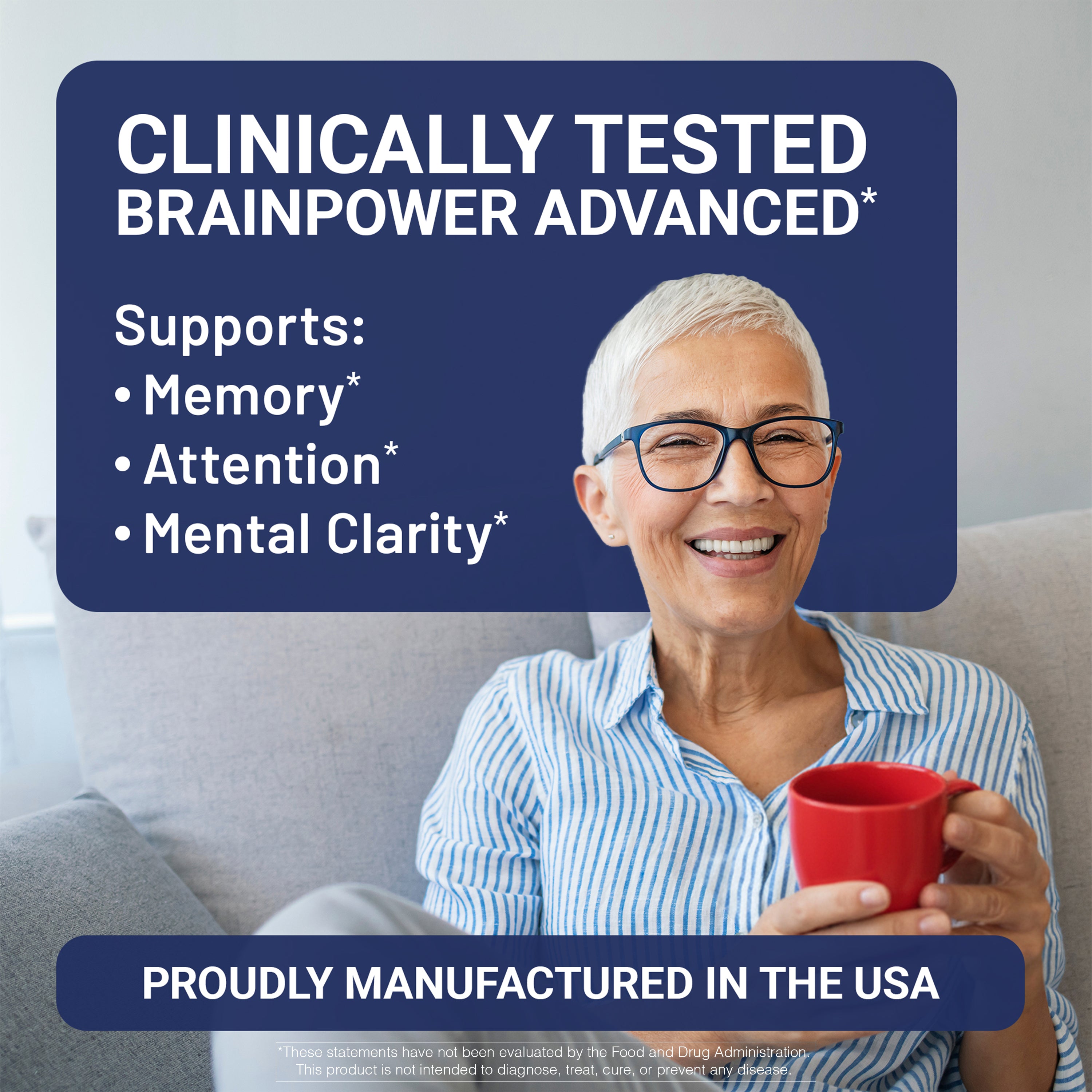 Woman holding a red mug with text about clinically tested brainpower supplement on a blue background