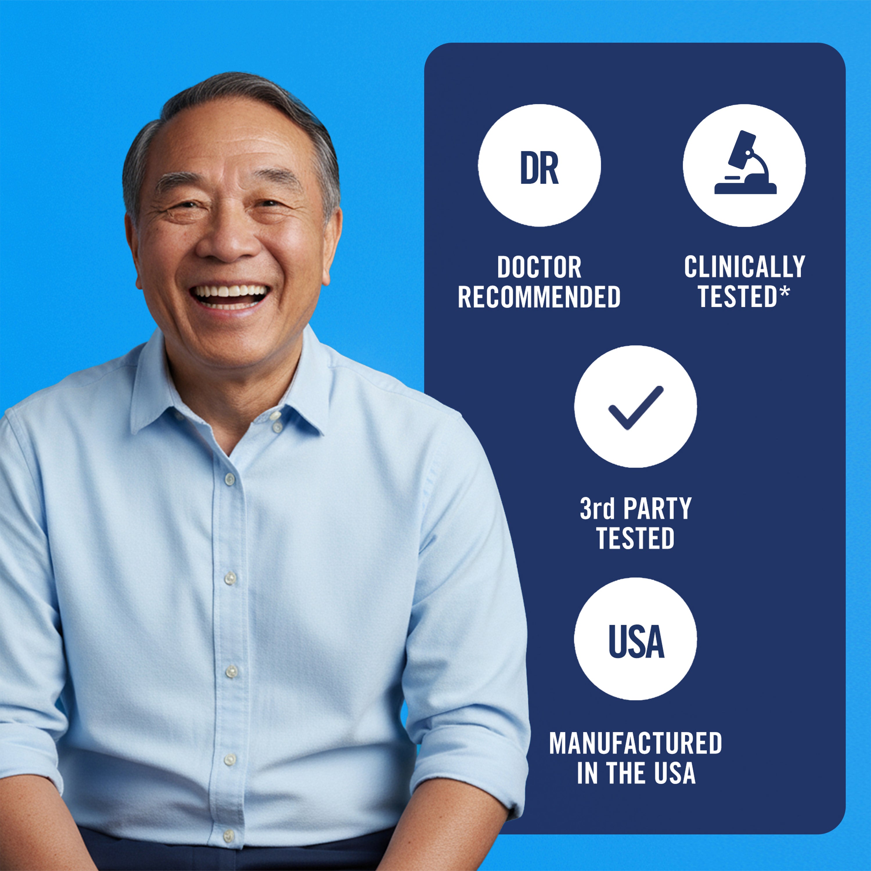Man in a light blue shirt with 'DR' certification icons on a blue background