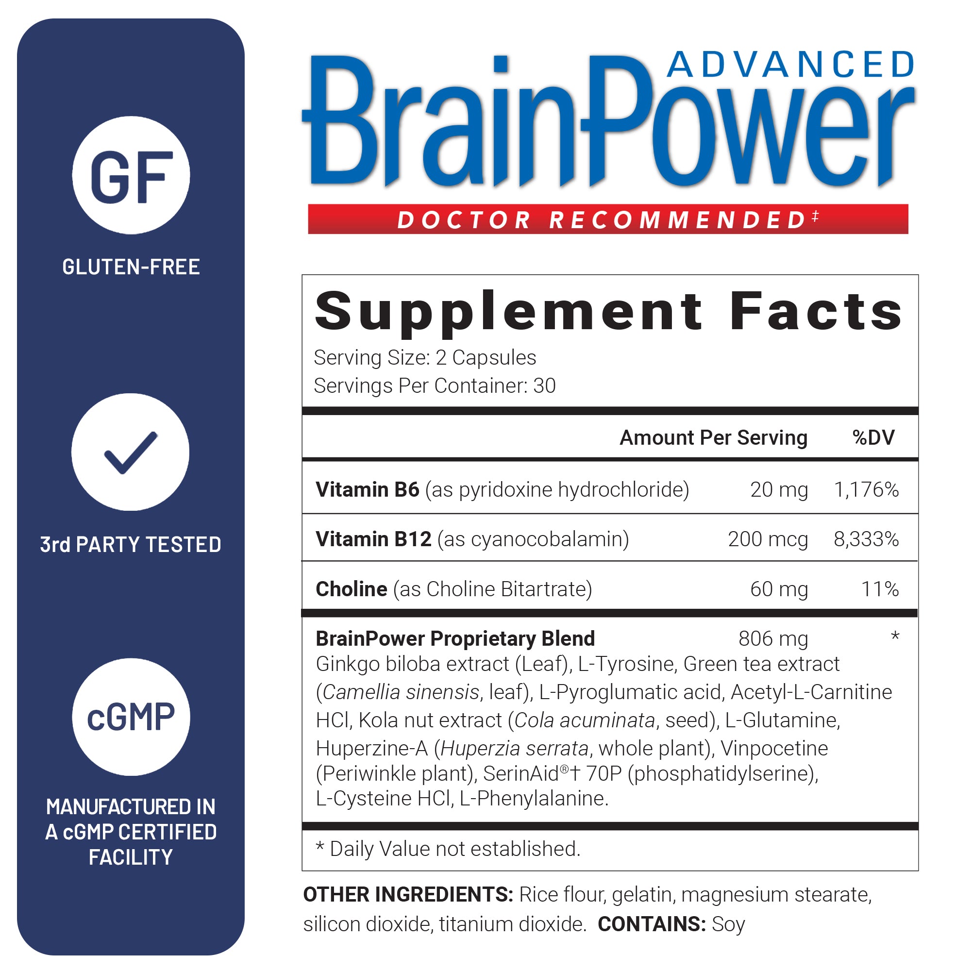 Supplement label for Advanced BrainPower with supplement facts and certification logos.