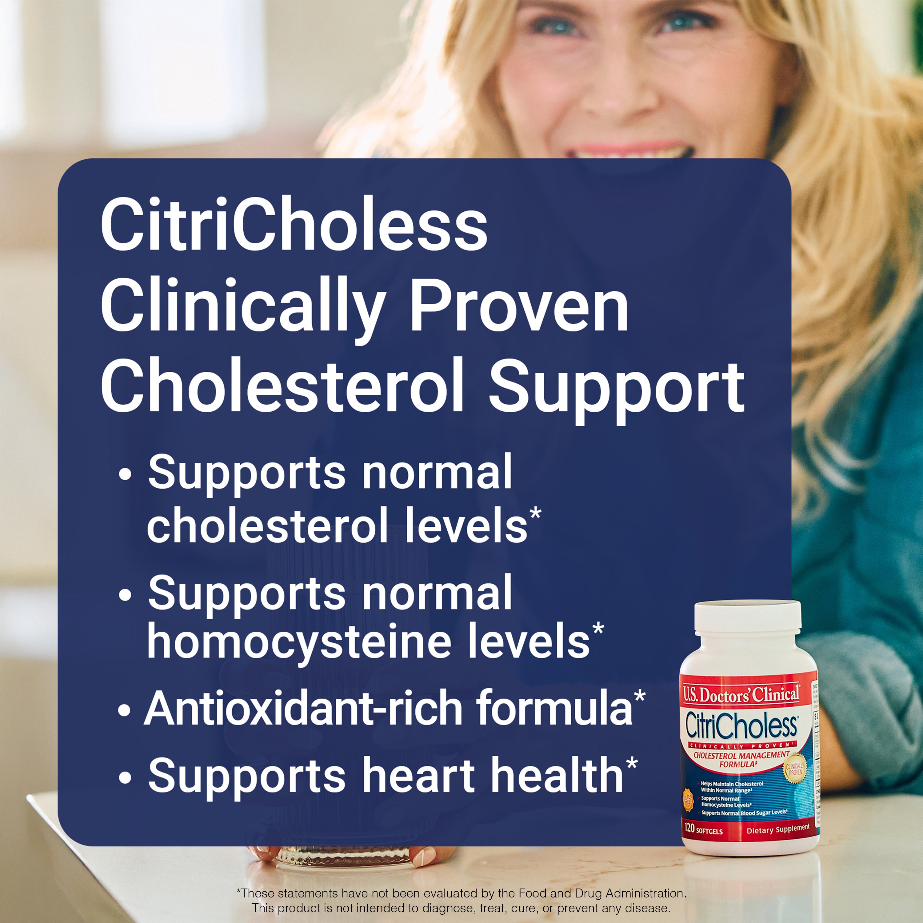 Advertisement for CitriCholess cholesterol support supplement with a woman in the background