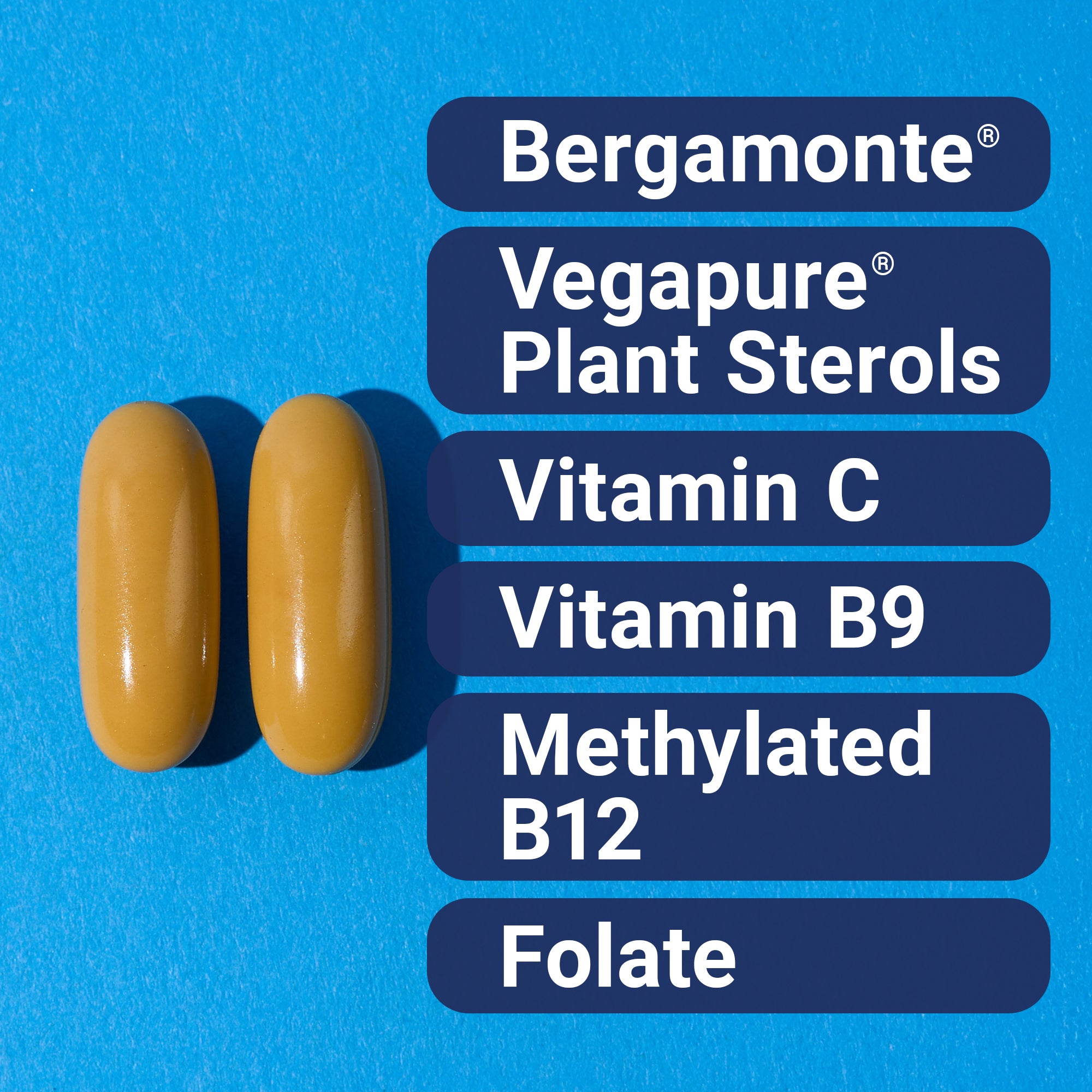 Two yellow pills on a blue background with Bergamonte, Vegapure, and other ingredient names listed.