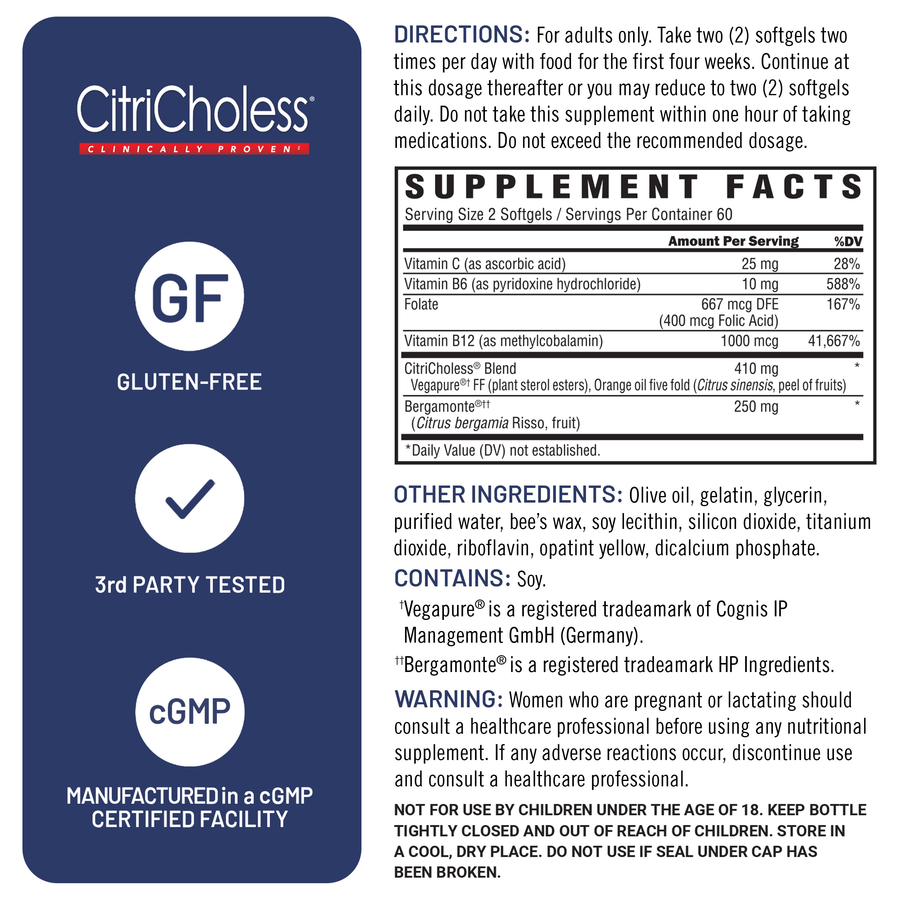 CitriCholess supplement label with directions, supplement facts, and certification logos on a blue background.