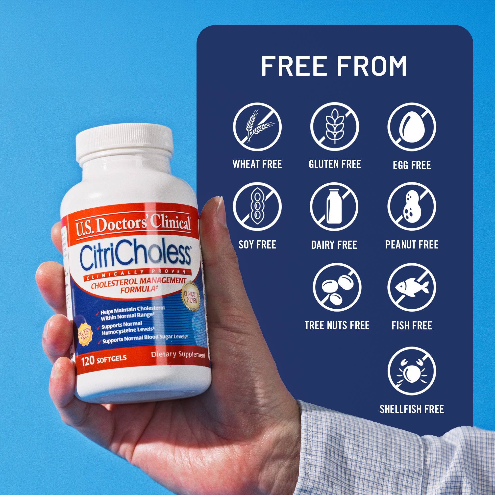 Hand holding a bottle of U.S. Doctors' Clinical CitriCholess cholesterol management supplement with free-from icons on a blue background