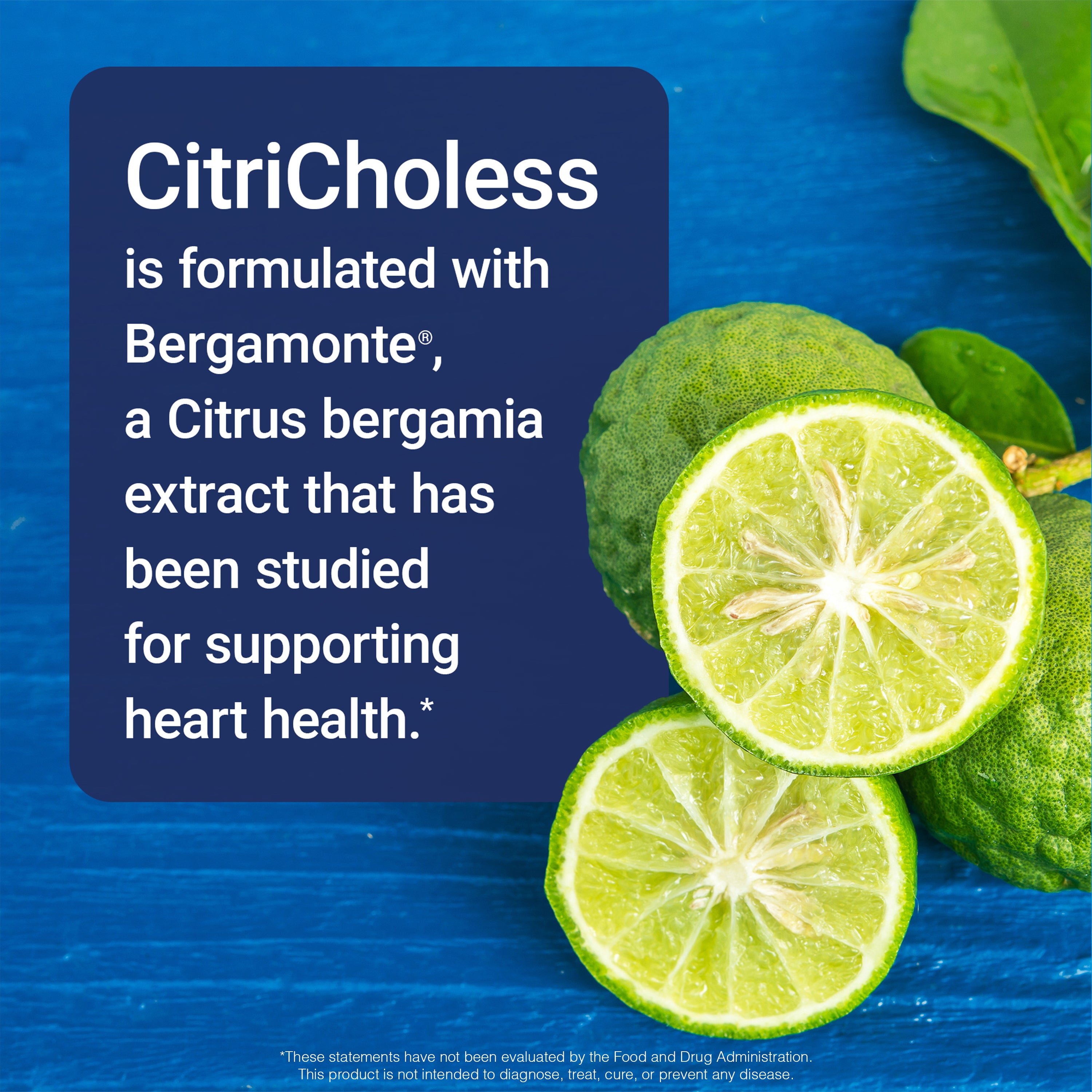 Citrus bergamia extract with text about Bergamonte and heart health on a blue background