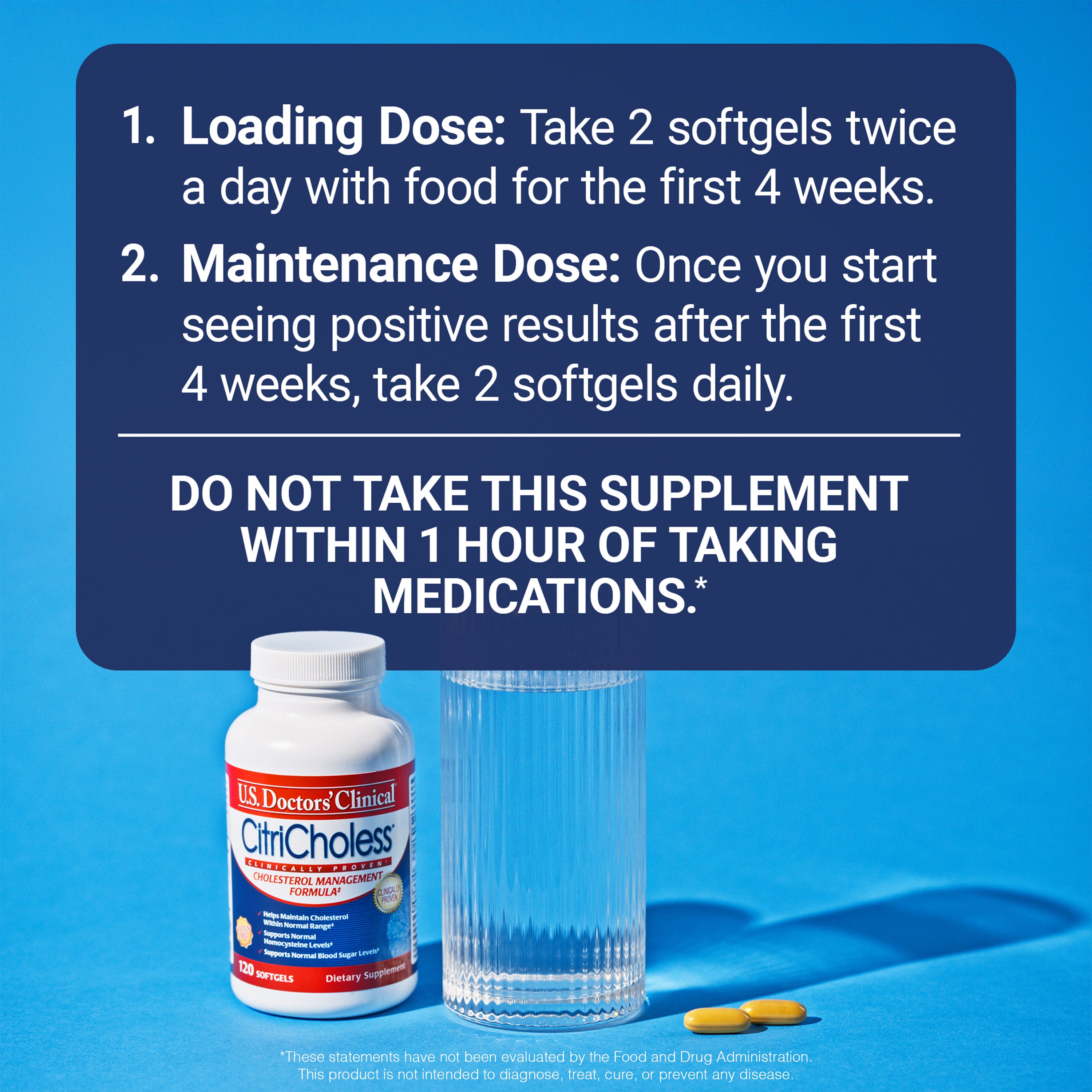 Supplement bottle with dosing instructions on a blue background