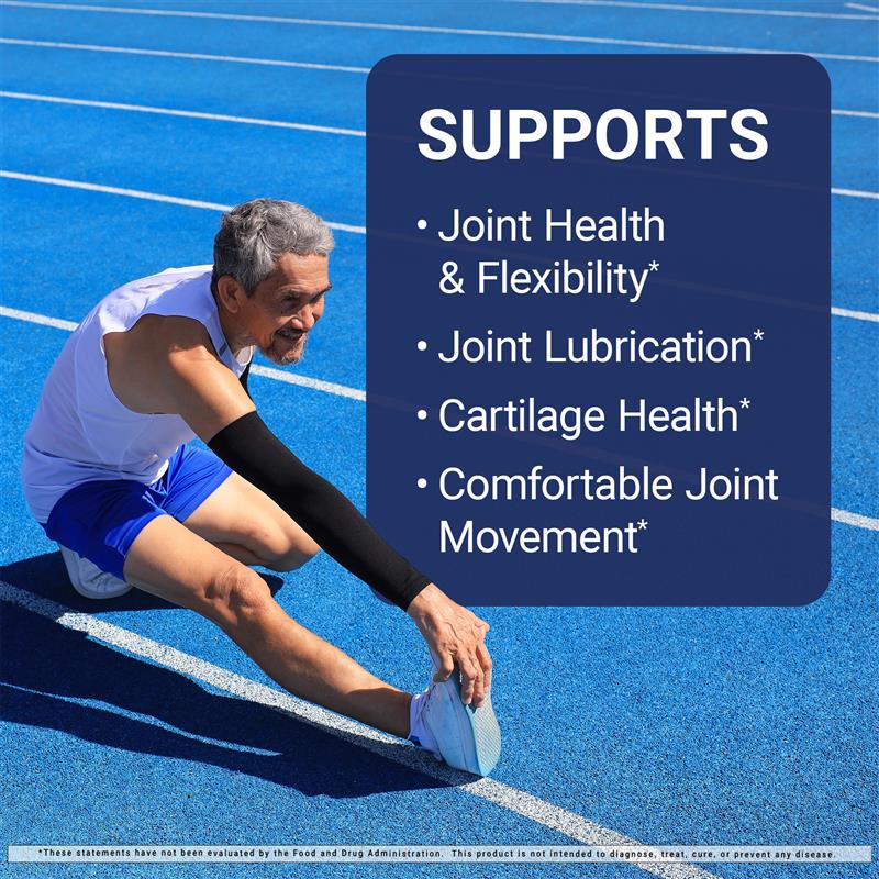 Man stretching on a blue track with text about joint health support.