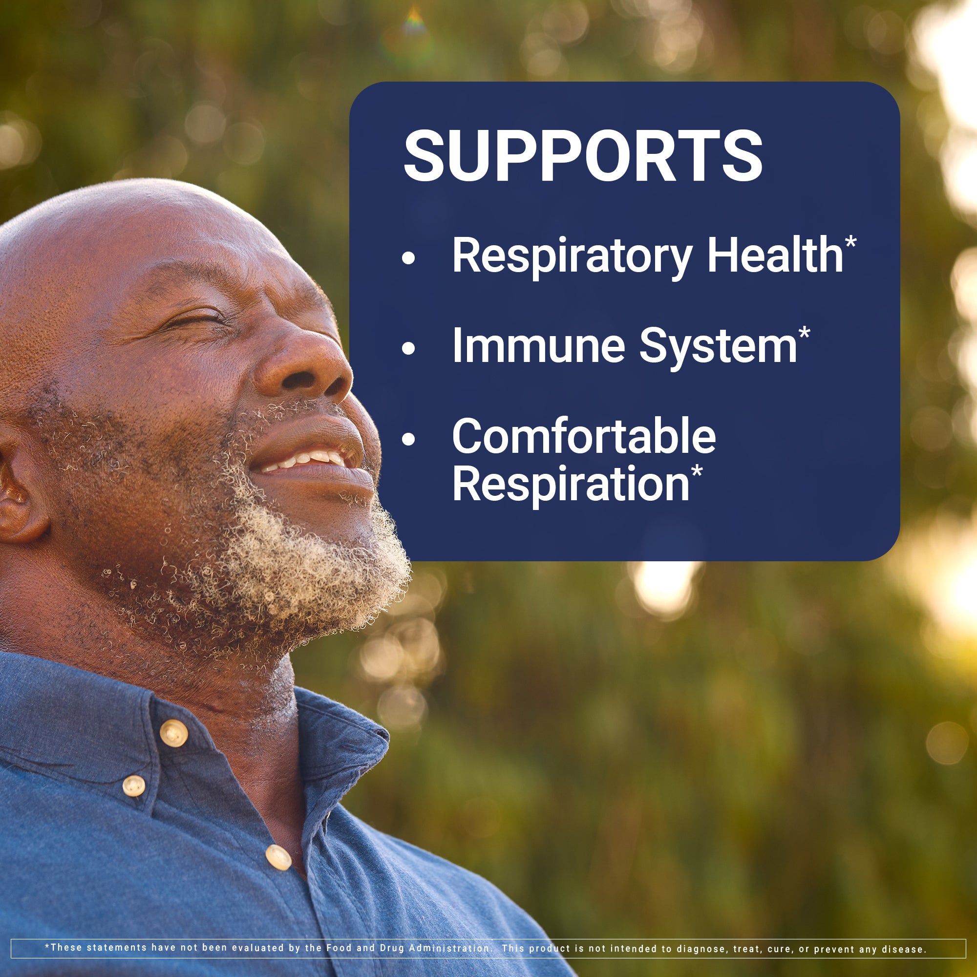 Man with a blue shirt outdoors, with text about health benefits on a blue box.