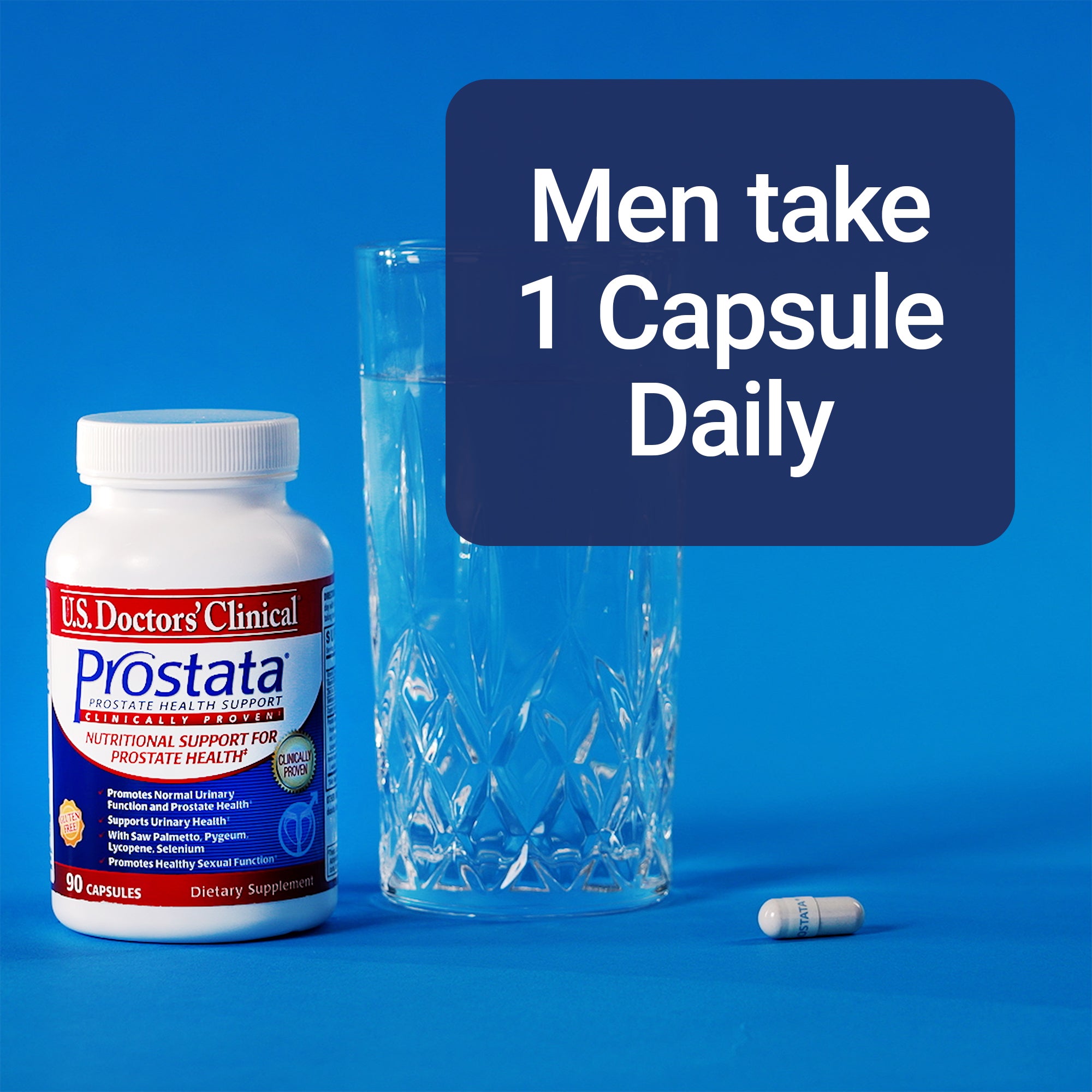U.S. Doctors' Clinical Prostata supplement bottle with a glass and capsule on a blue background