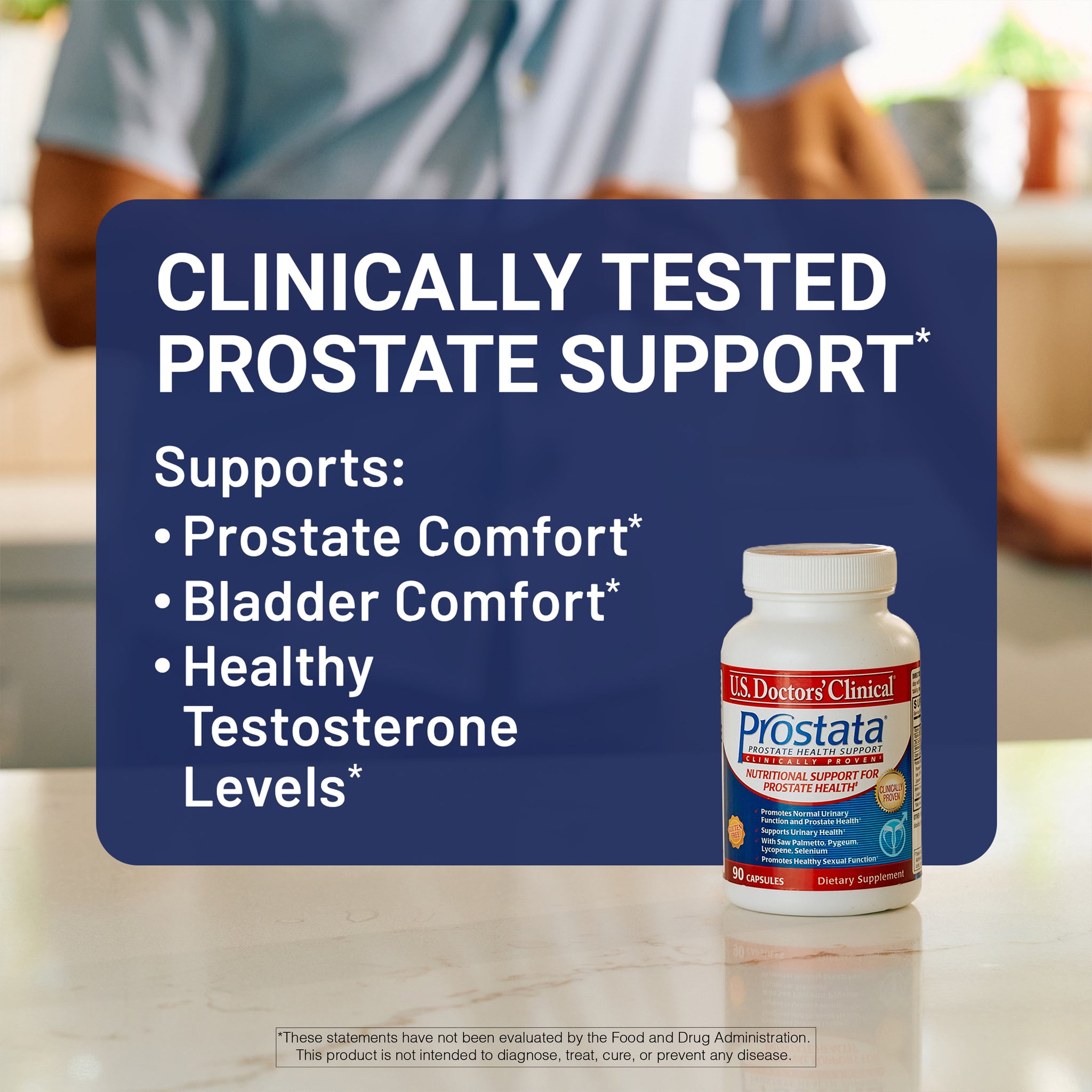 U.S. Doctors' Clinical Prostata supplement bottle with text about clinically tested prostate support on a blue background