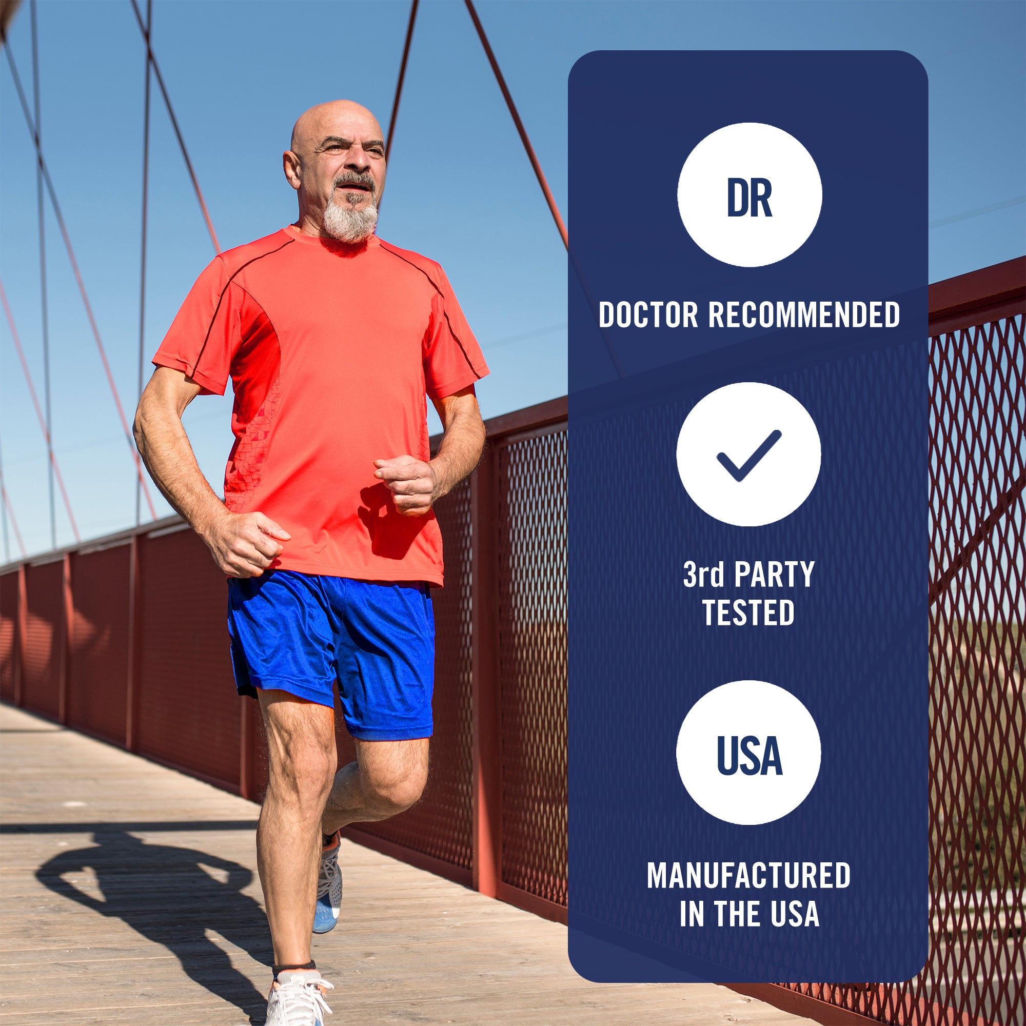 Man running on a bridge with a product label indicating 'Doctor Recommended', '3rd Party Tested', and 'USA Manufactured'.