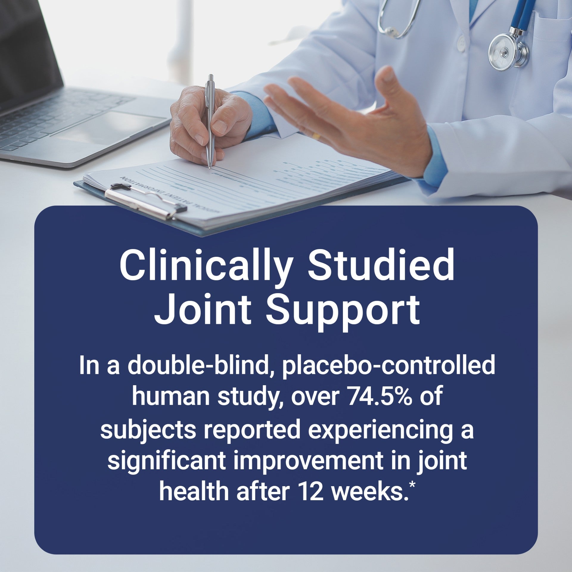 Clinically Studied Joint Support advertisement featuring a medical provider in a lab coat writing on a clipboard next to a laptop computer.