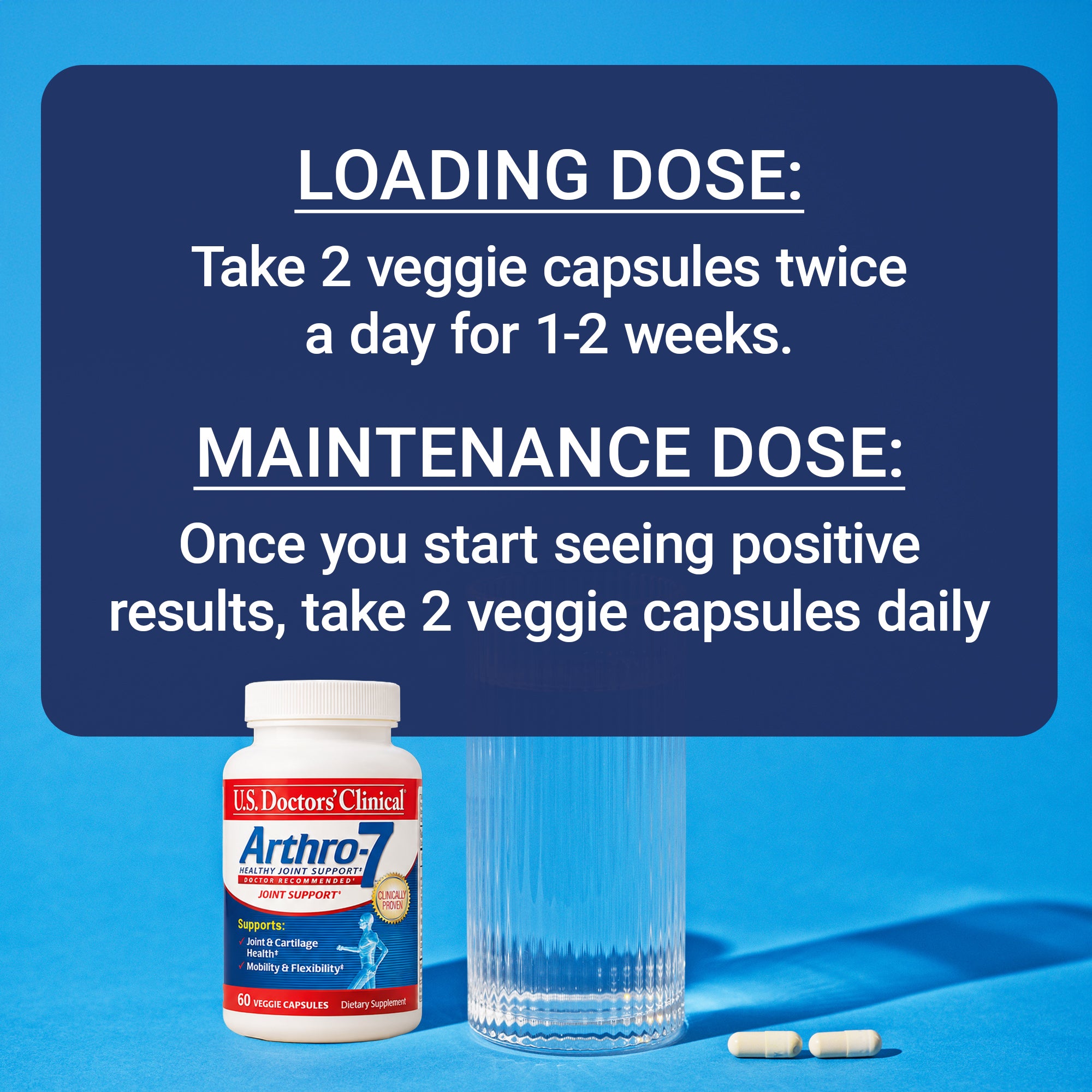 U.S. Doctors' Clinical Arthro-7 supplement bottle with capsules and a glass on a blue background with text about the loading and maintenance dose.