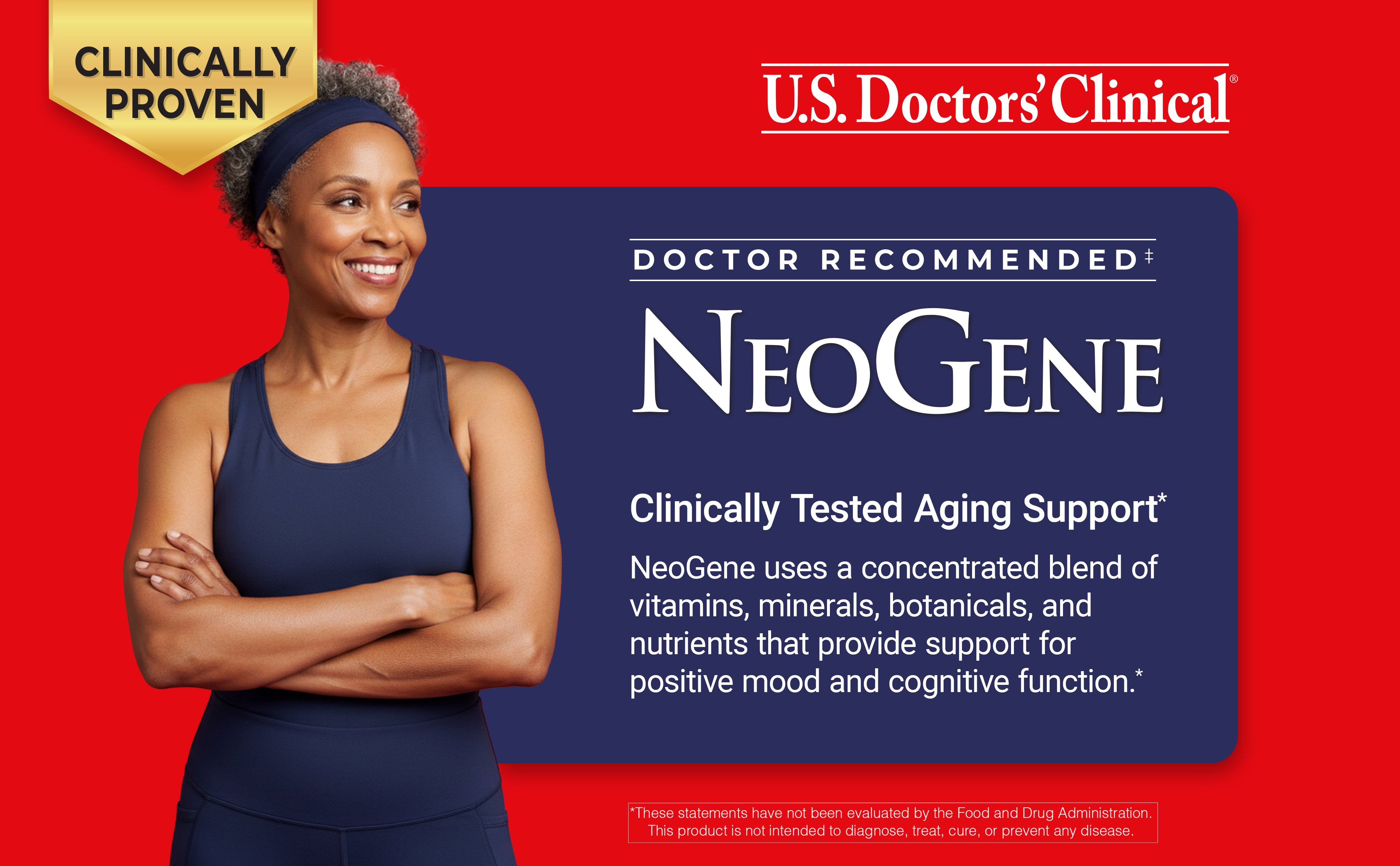 Advertisement for NeoGene clinically tested aging support product with a woman in a blue tank top on a red background.