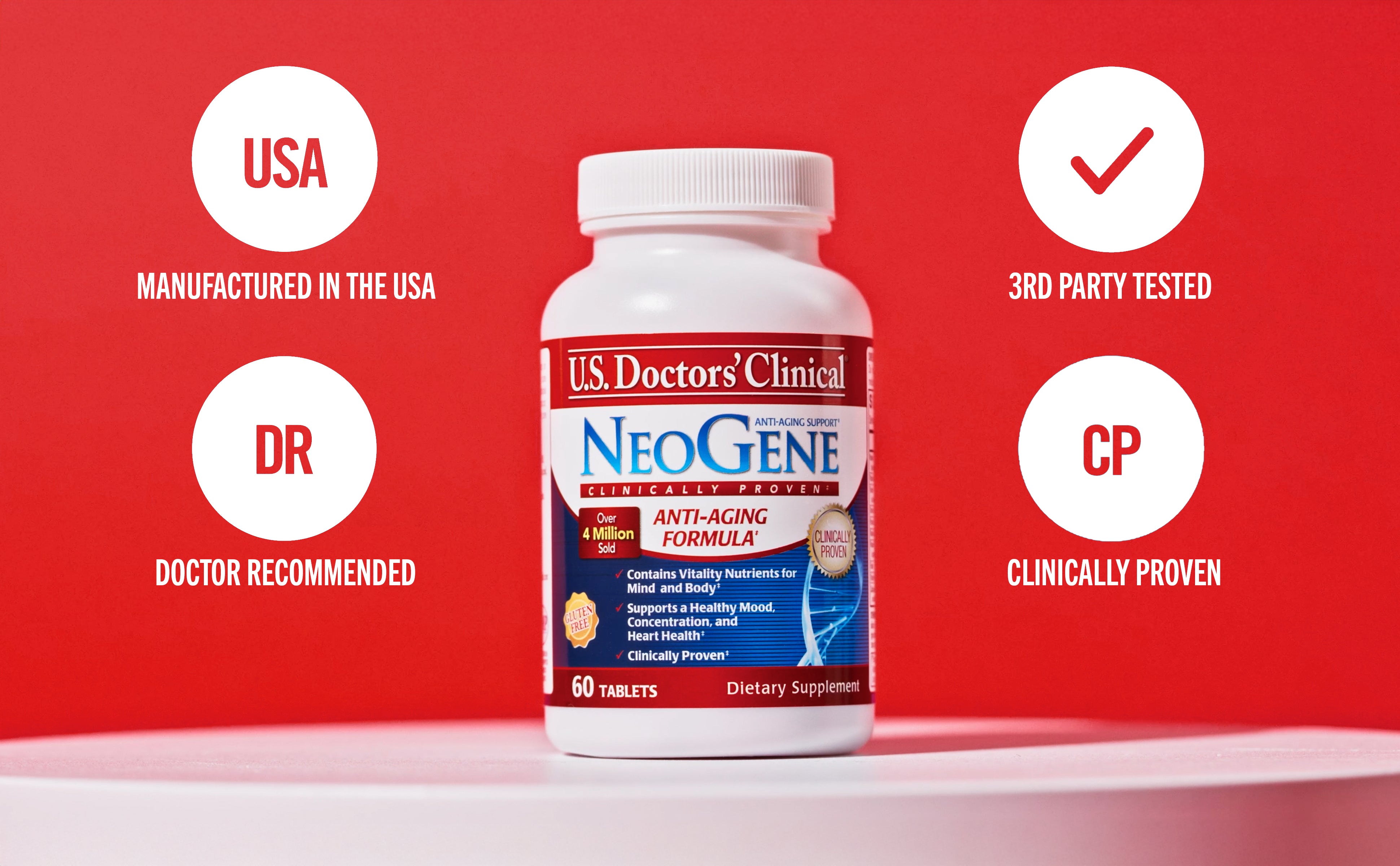 Supplement bottle with certification badges on a red background