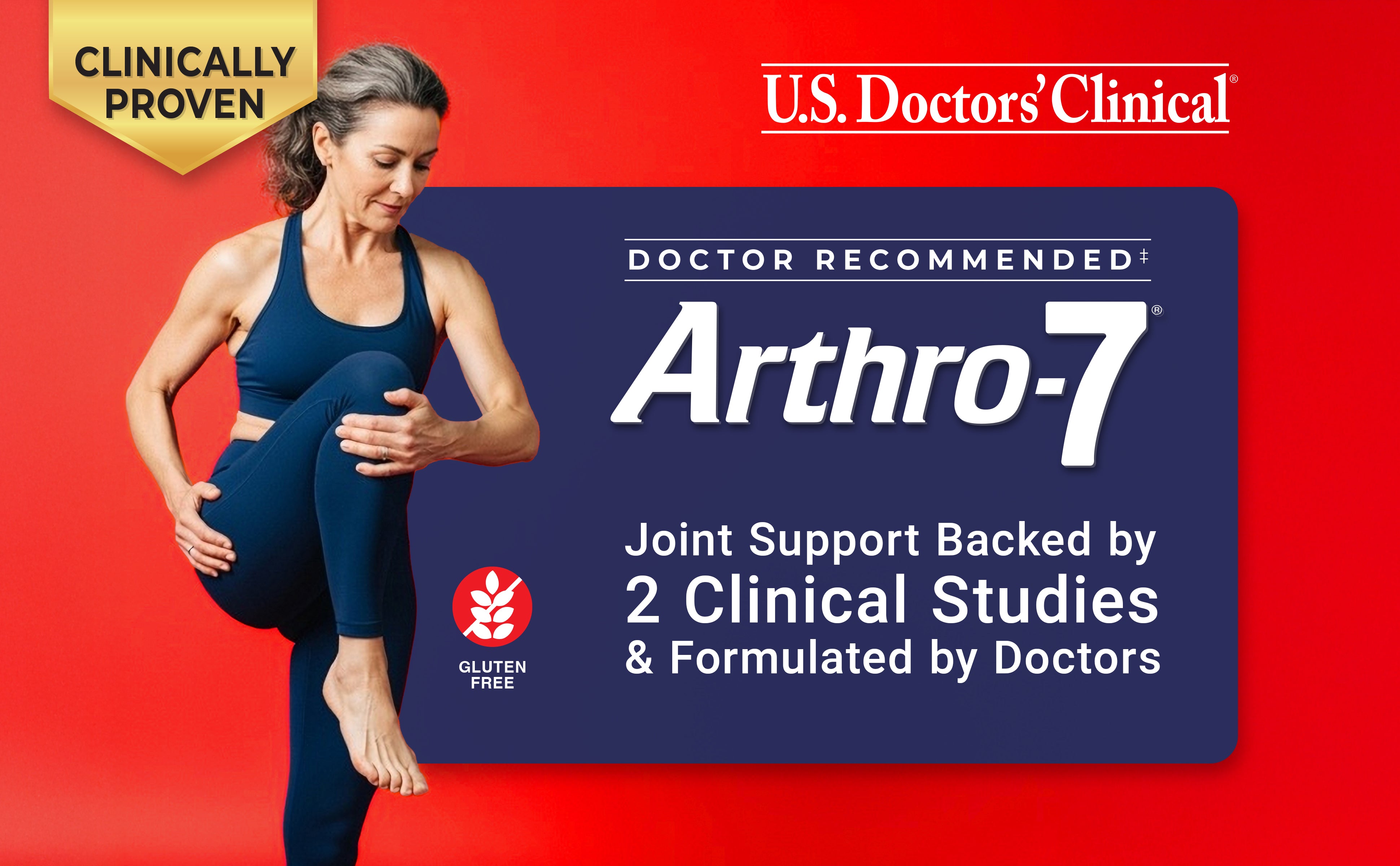 U.S. Doctors' Clinical Arthro-7 joint supplement with a woman stretching on a red background.