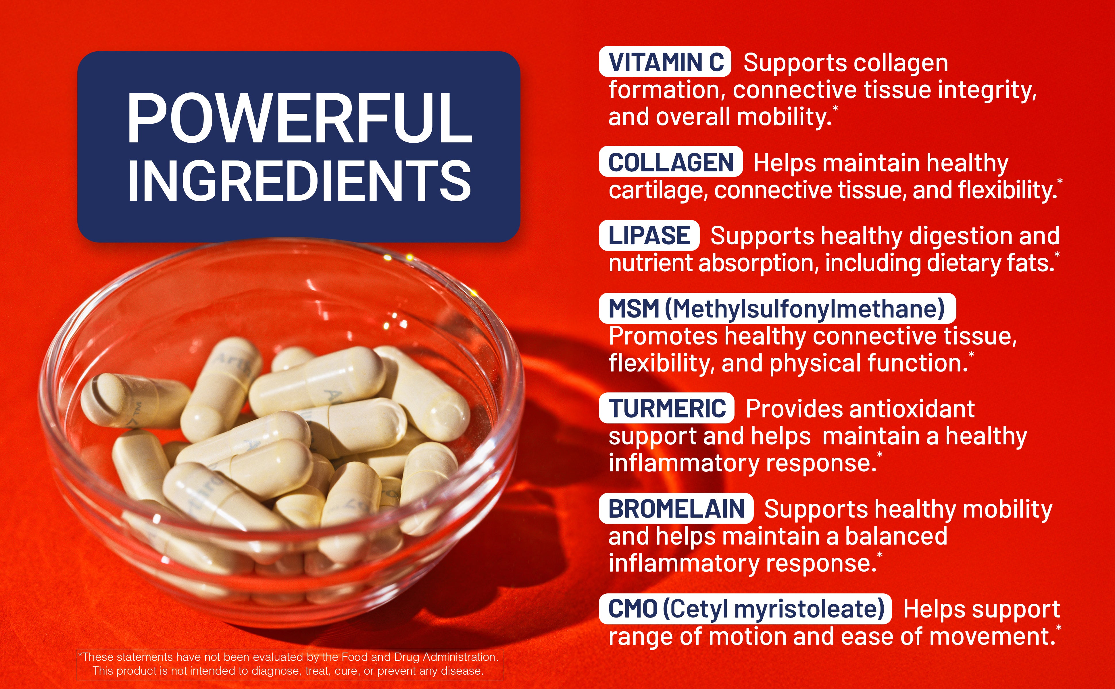 Supplement capsules in a glass bowl with text listing powerful ingredients on a red background