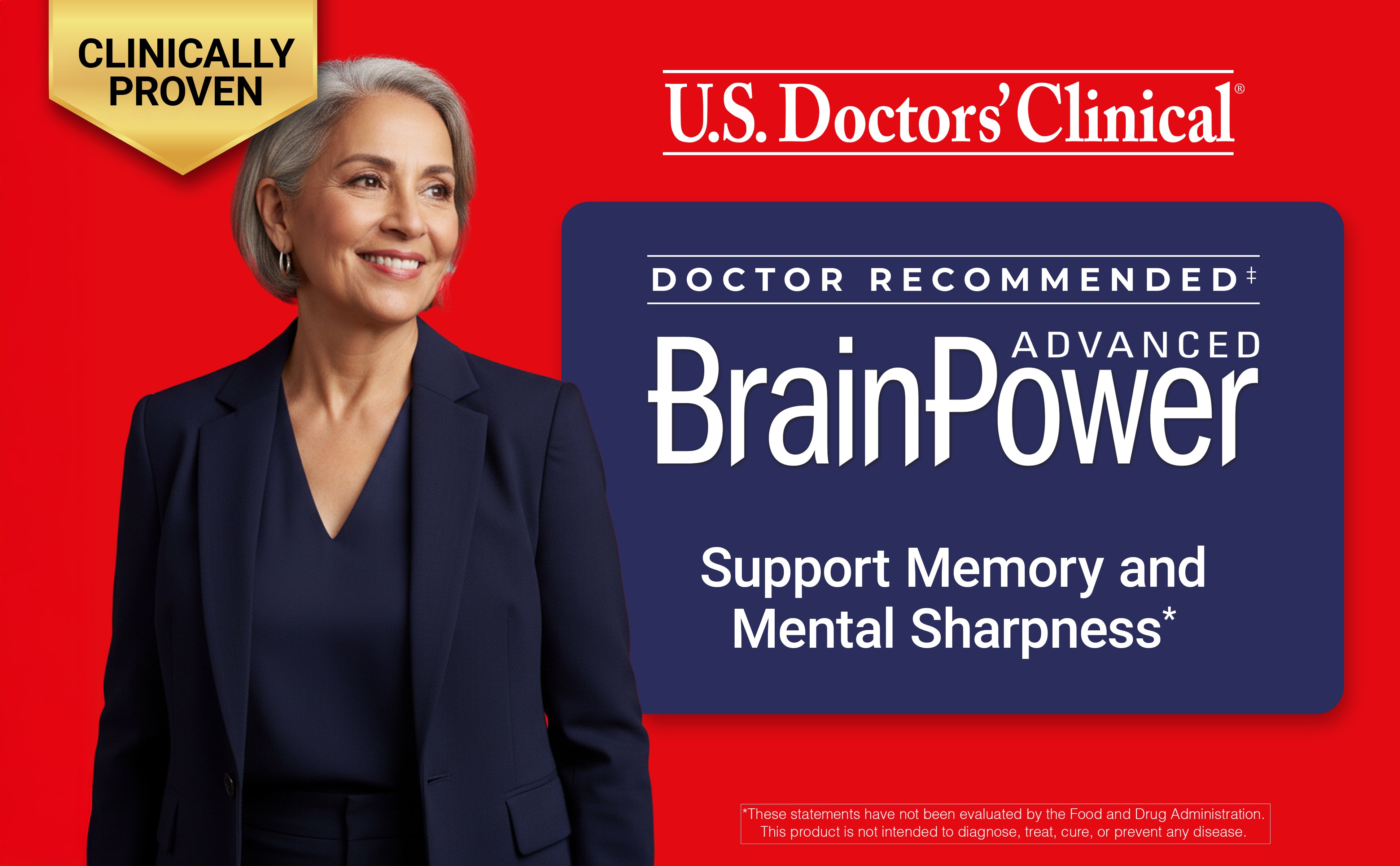 Advertisement for U.S. Doctors' Clinical BrainPower supplement with a woman in a suit on a red background.