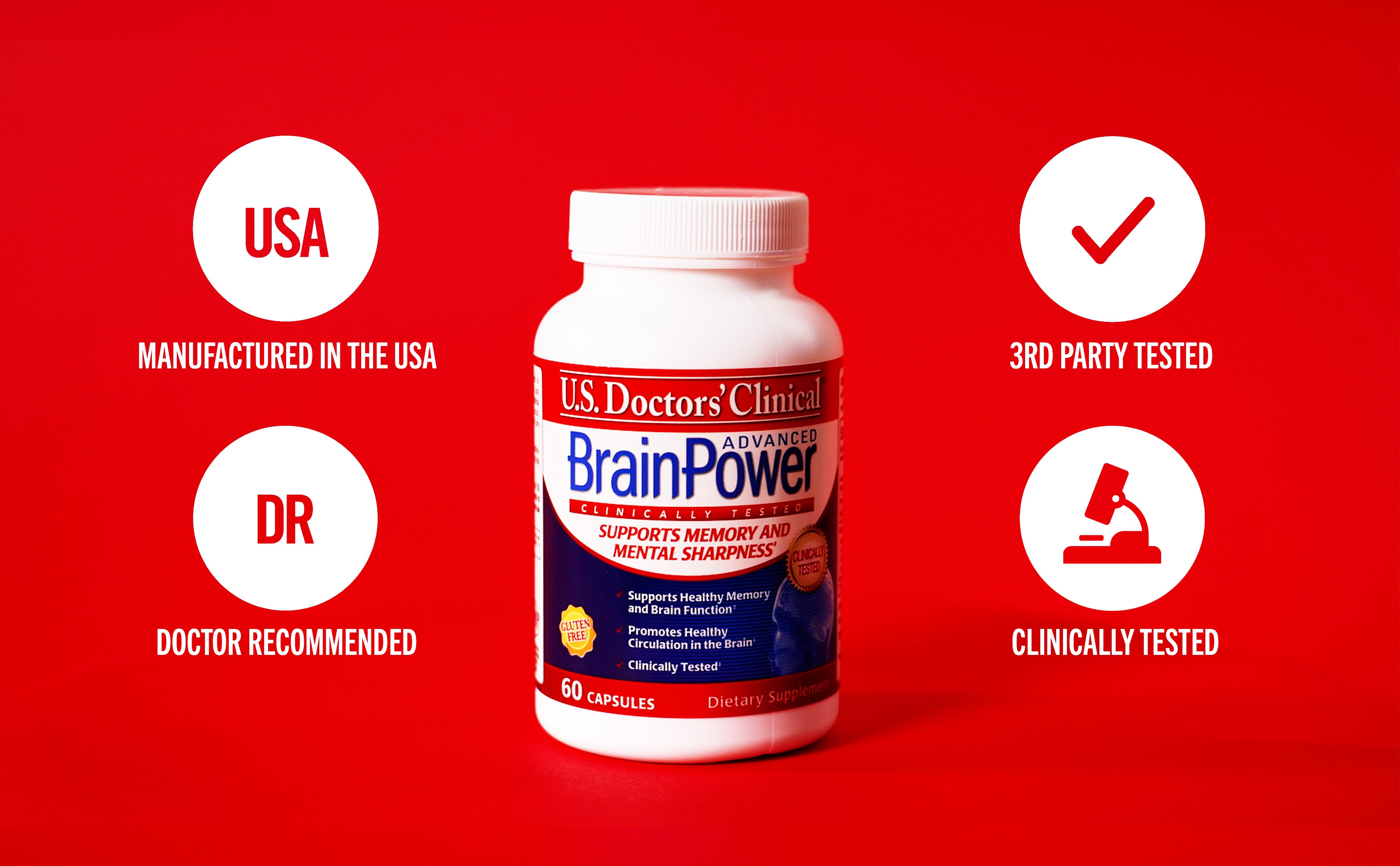 U.S. Doctors' Clinical BrainPower memory supplement bottle on a red background with certification icons.