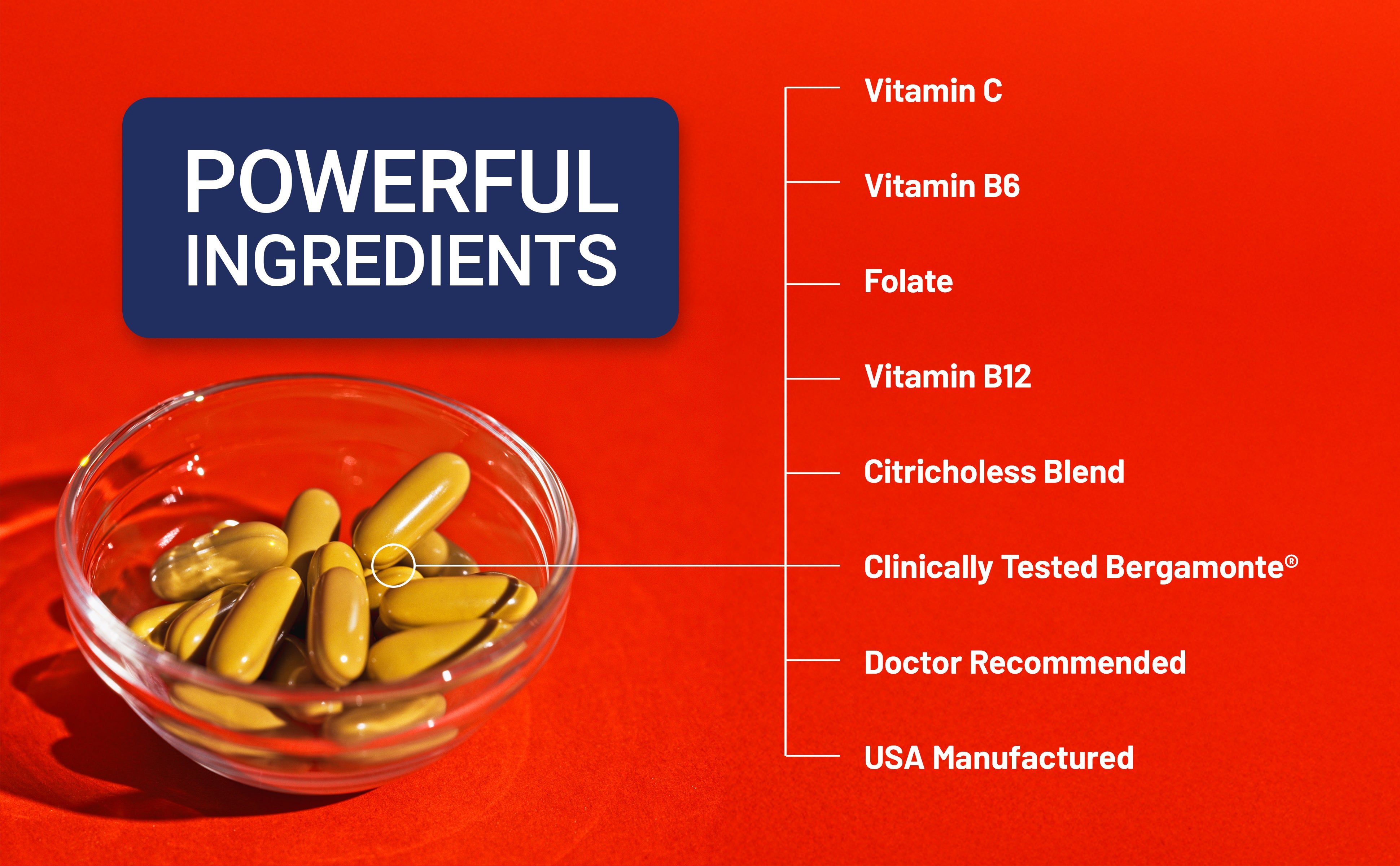 Vitamins in a glass bowl with a list of ingredients on a red background