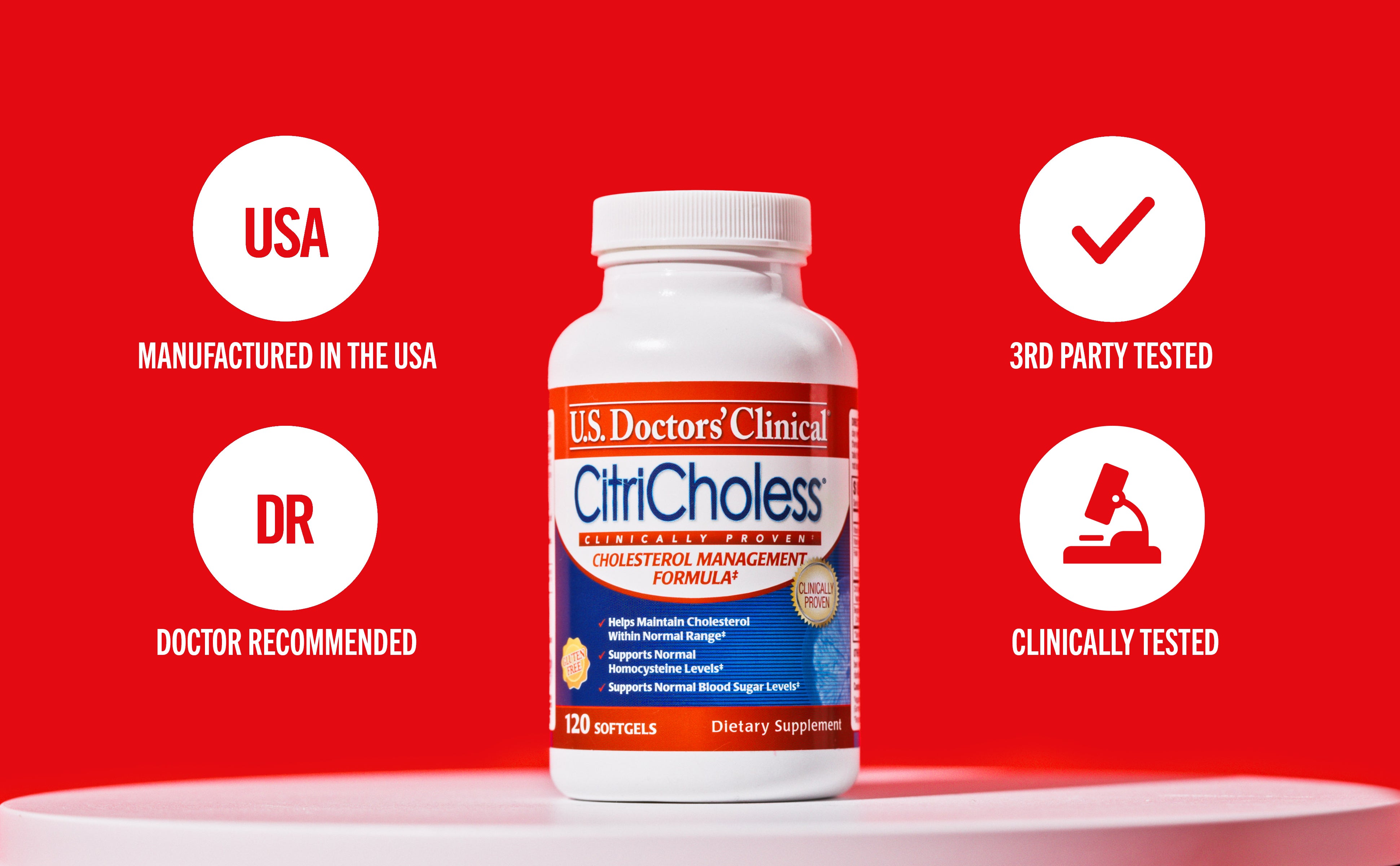Supplement bottle labeled 'U.S. Doctors' Clinical' on a red background with certification icons.
