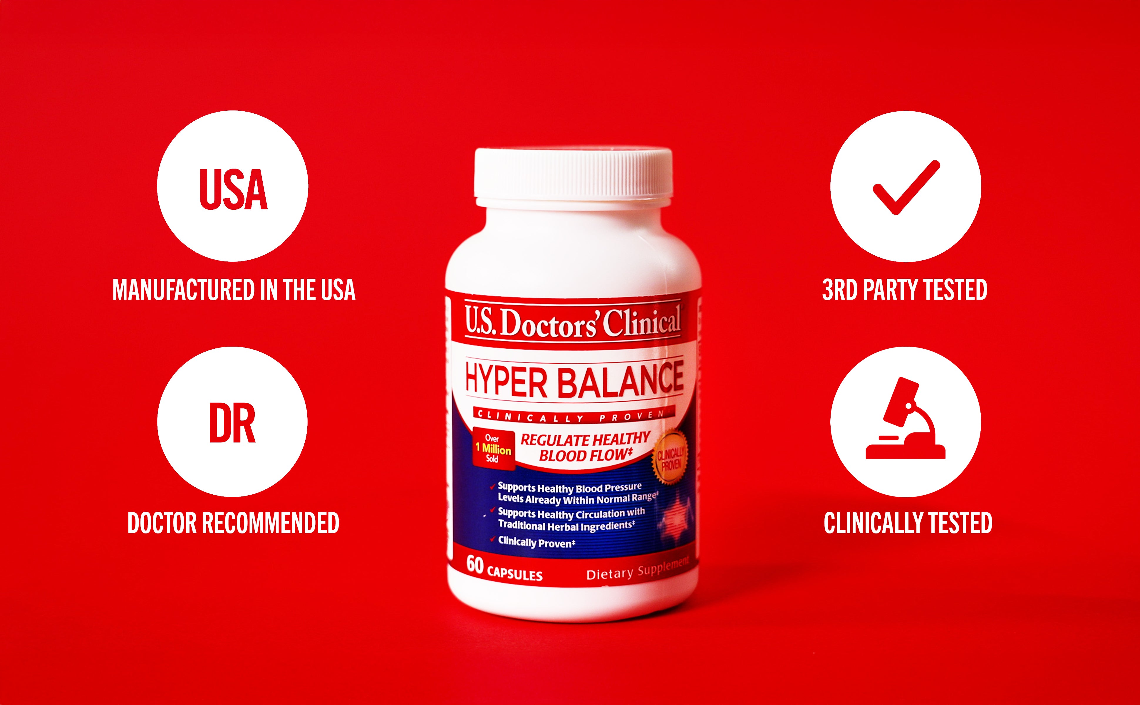 U.S. Doctors' Clinical Hyper Balance supplement bottle on a red background with certification icons.