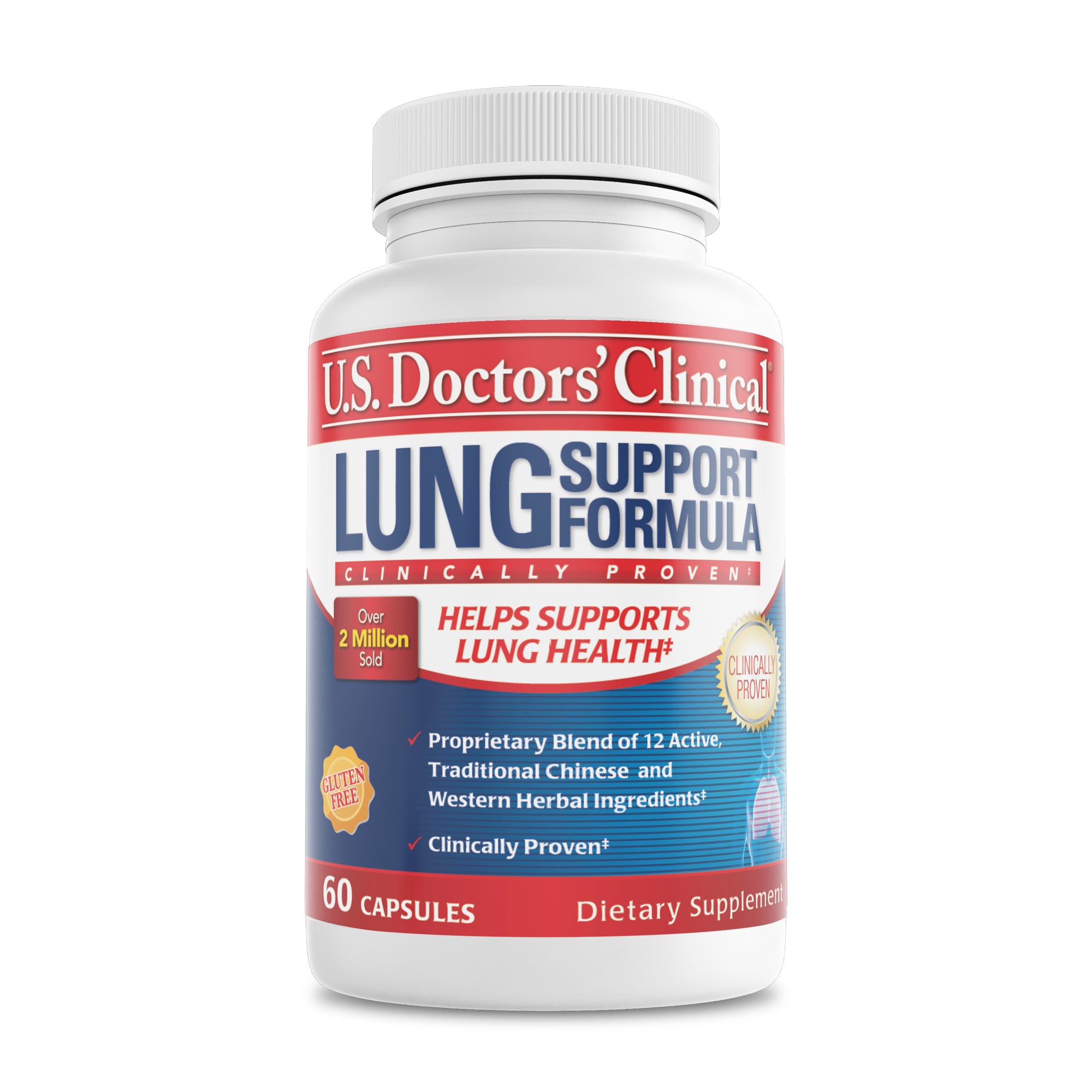 Supplement bottle labeled 'U.S. Doctors' Clinical Lung Support Formula' on a white background