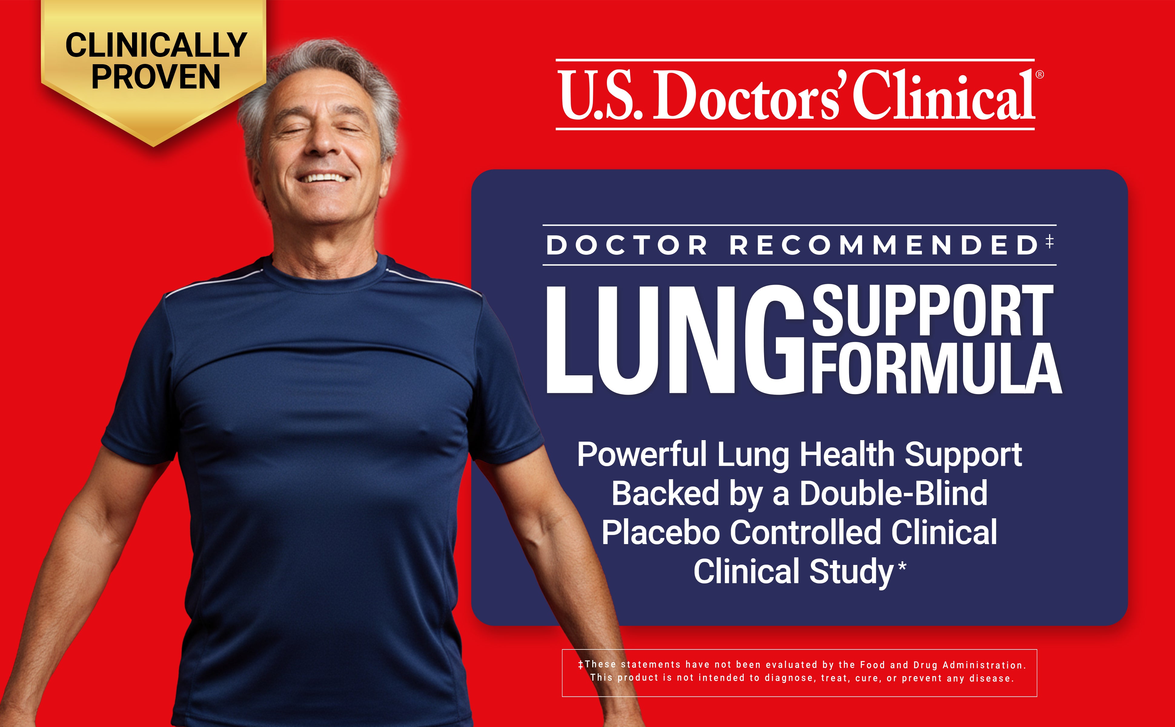 Advertisement for U.S. Doctors' Clinical Lung Support Formula with a smiling man on a red background