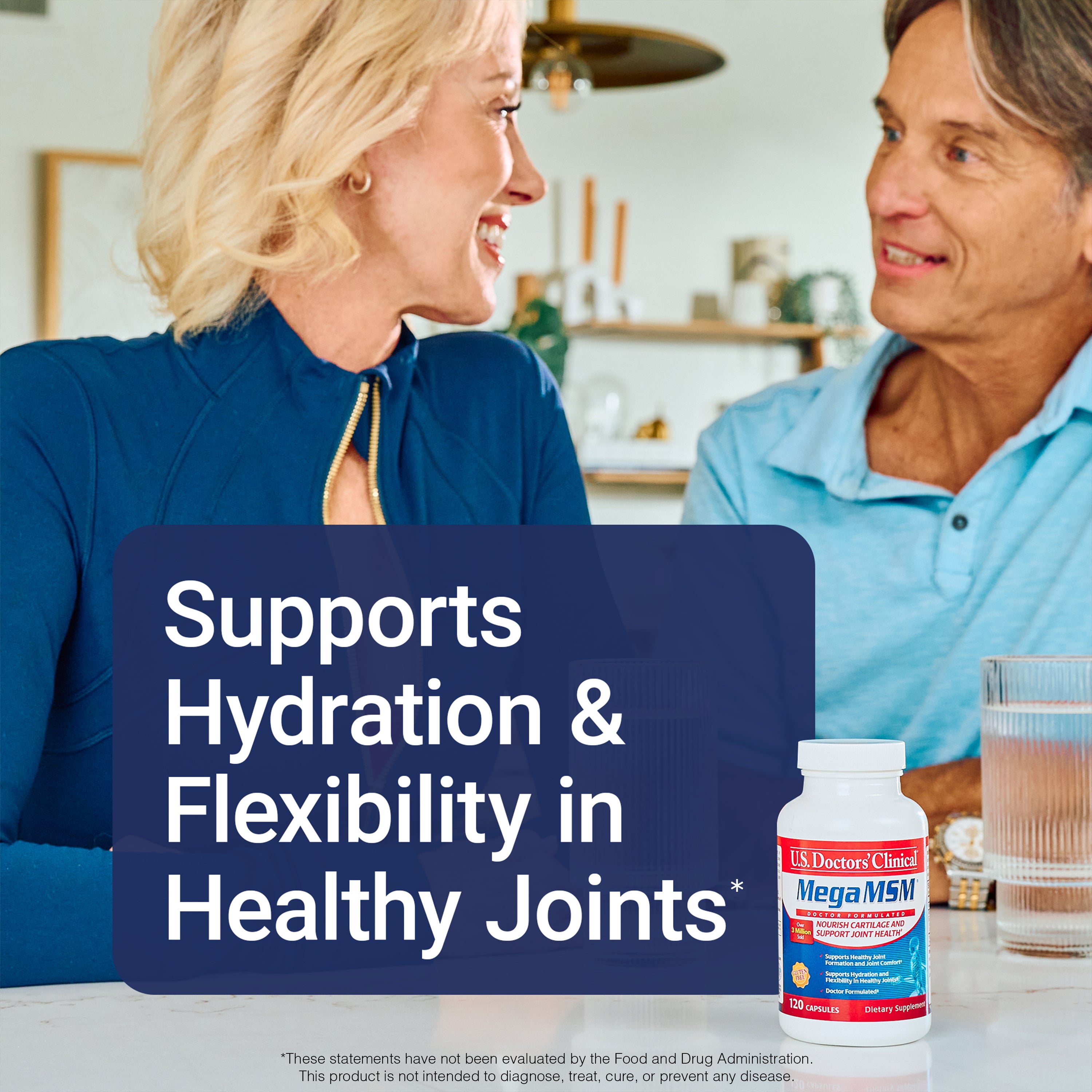 Man and woman sitting at a table with a bottle of US Clinics Mega MSM and a glass of water, with text about healthy joints.