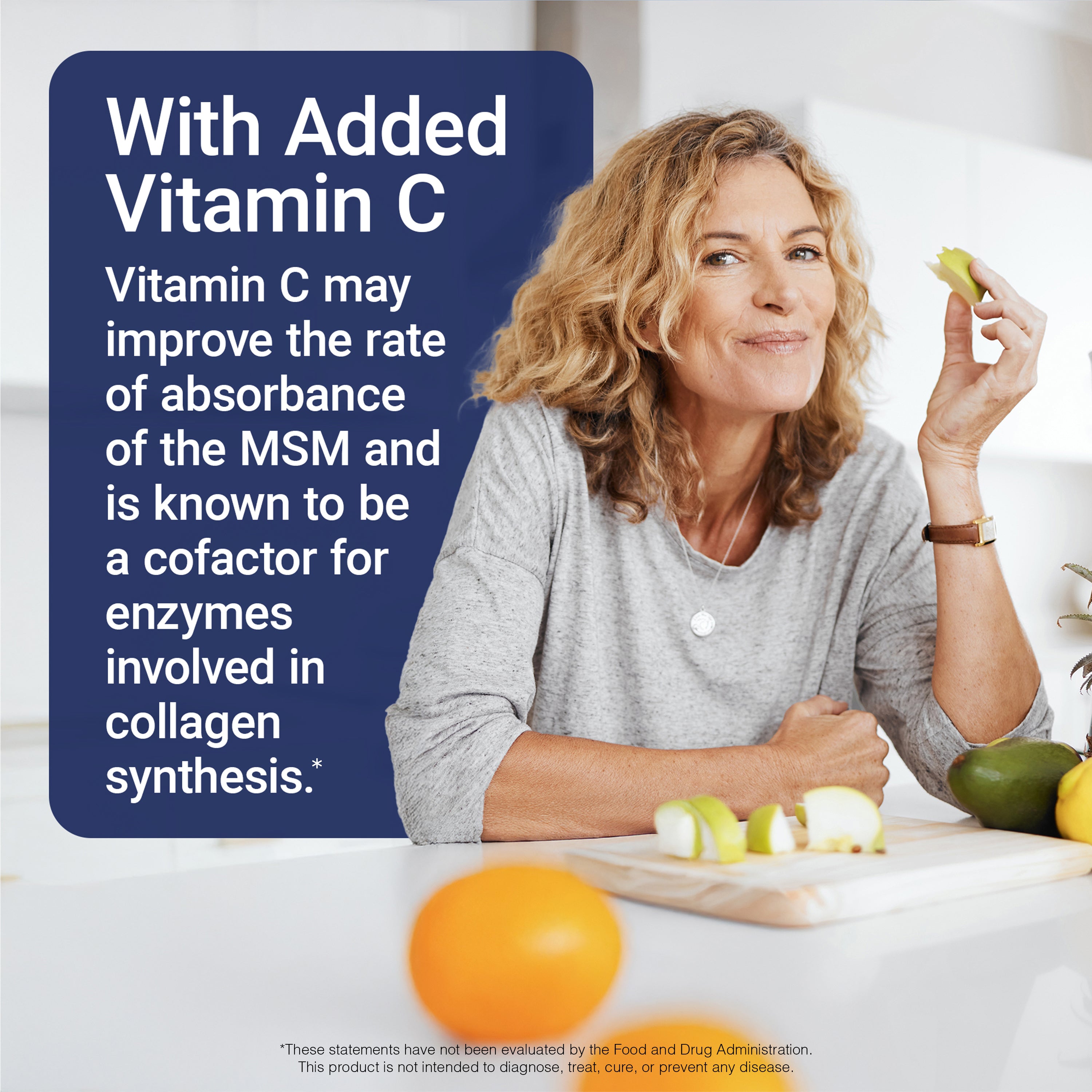 Woman holding an apple with text about added vitamin C and MSM benefits.