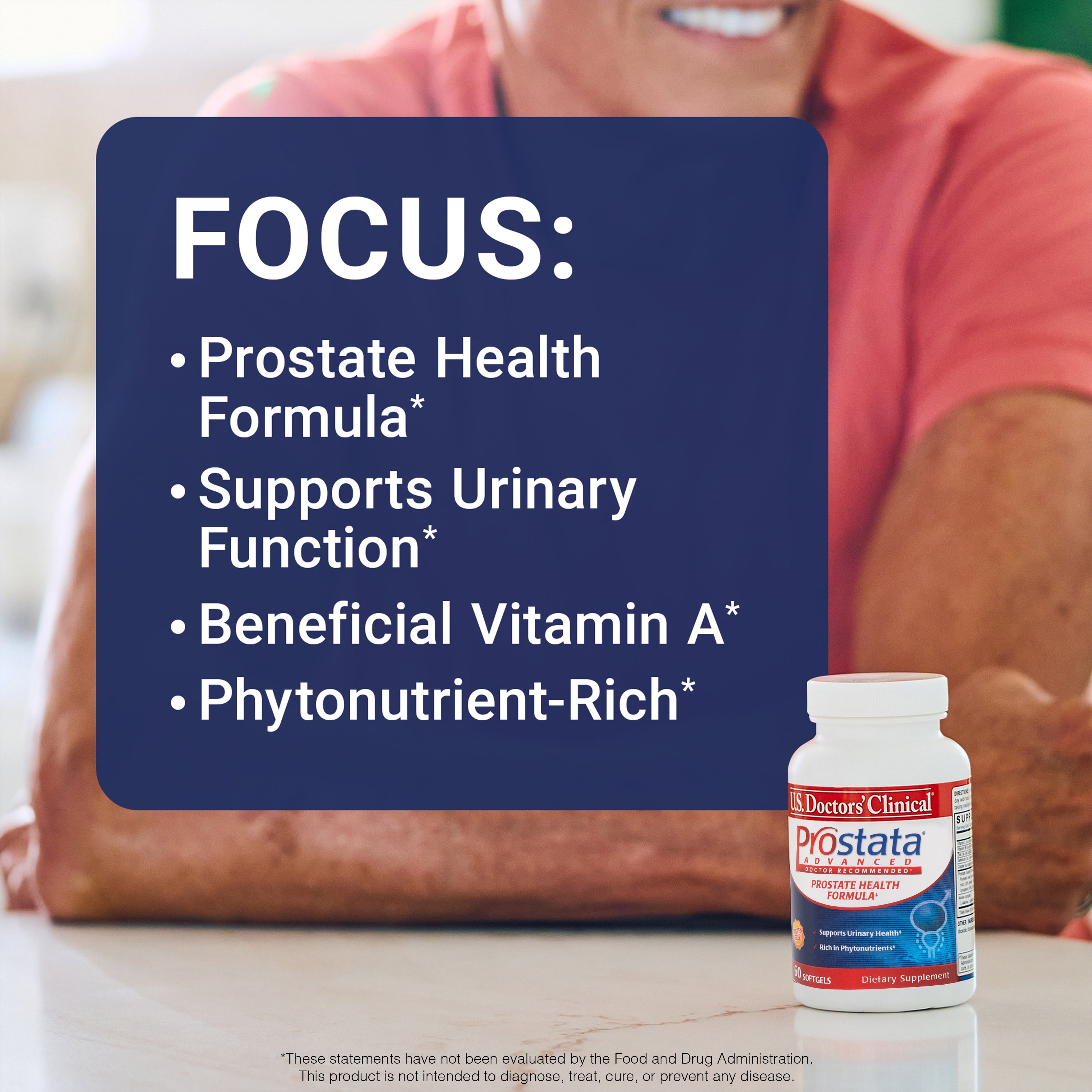 Bottle of Prostatata supplement with text about prostate and urinary health on a blurred background