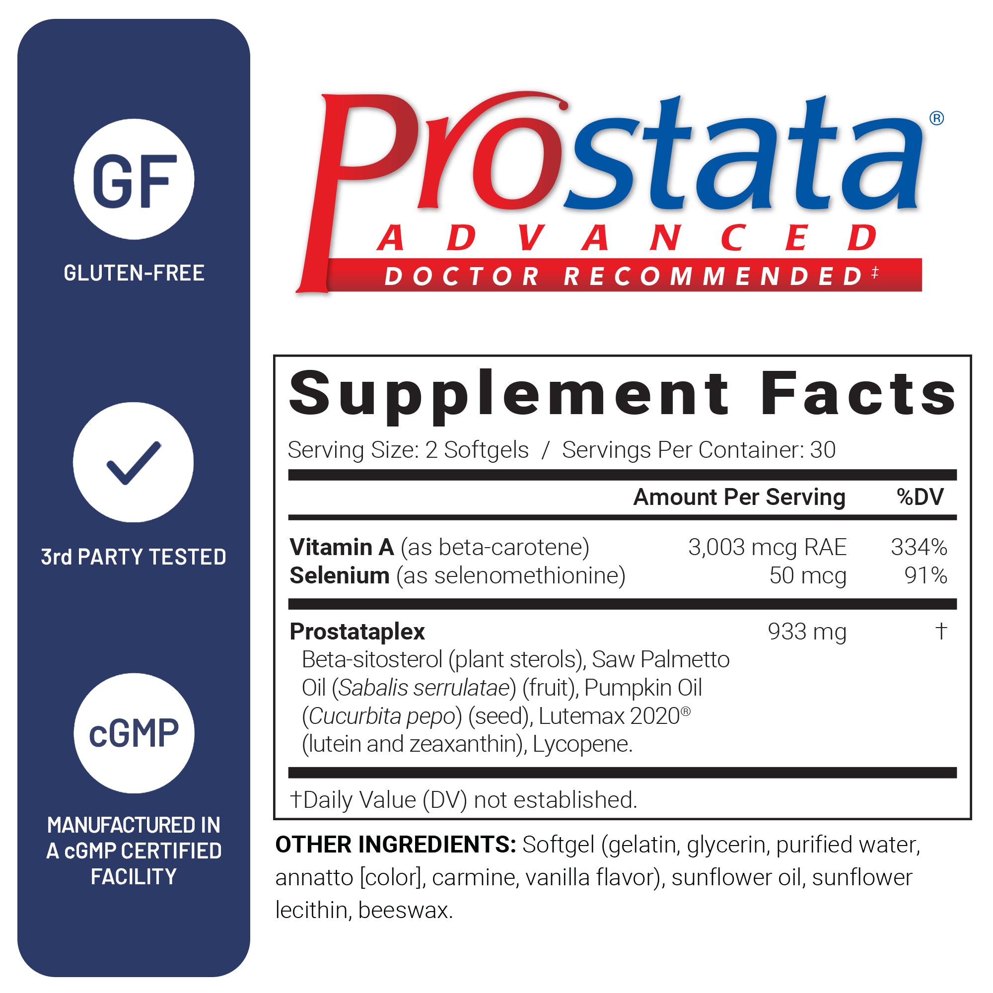 Prostata Advanced supplement label with supplement facts and certification logos.