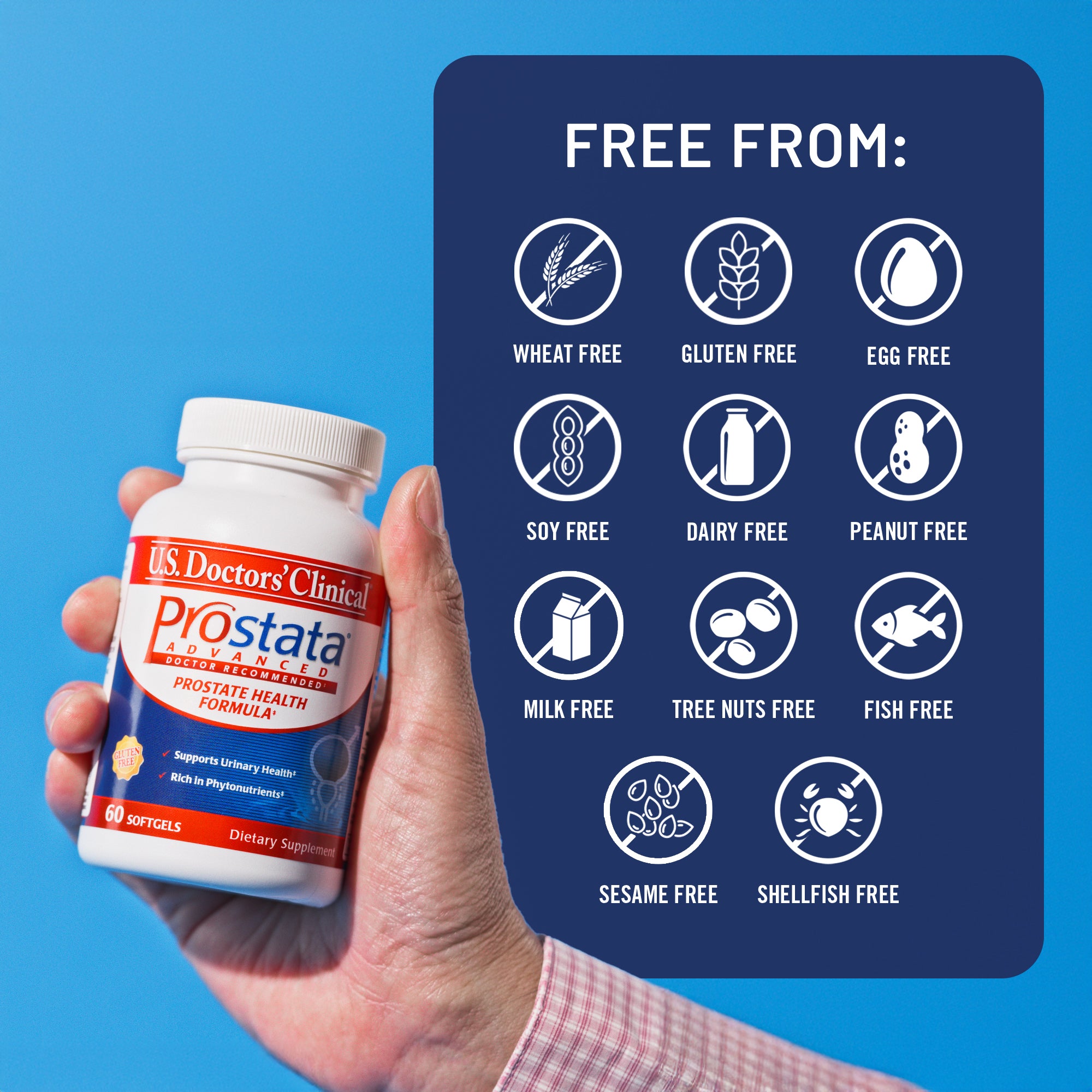 Hand holding a bottle of U.S. Doctors' Clinical Prostata Advanced supplement with a free-from label on a blue background