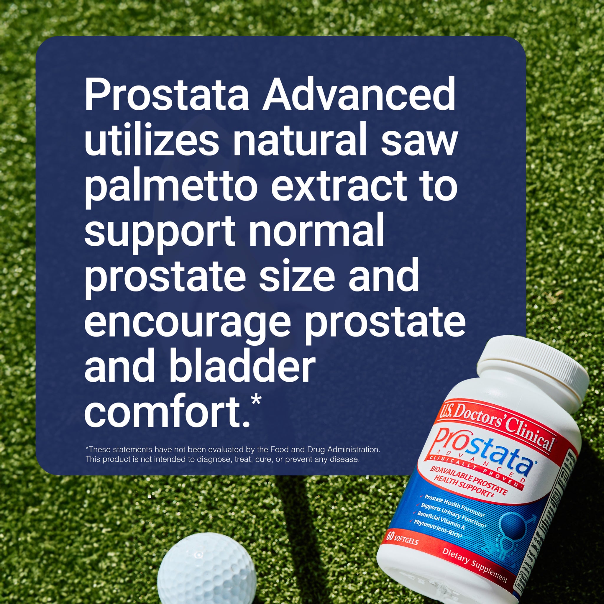 Prostata Advanced supplement bottle with text about natural saw palmetto extract on a grass background