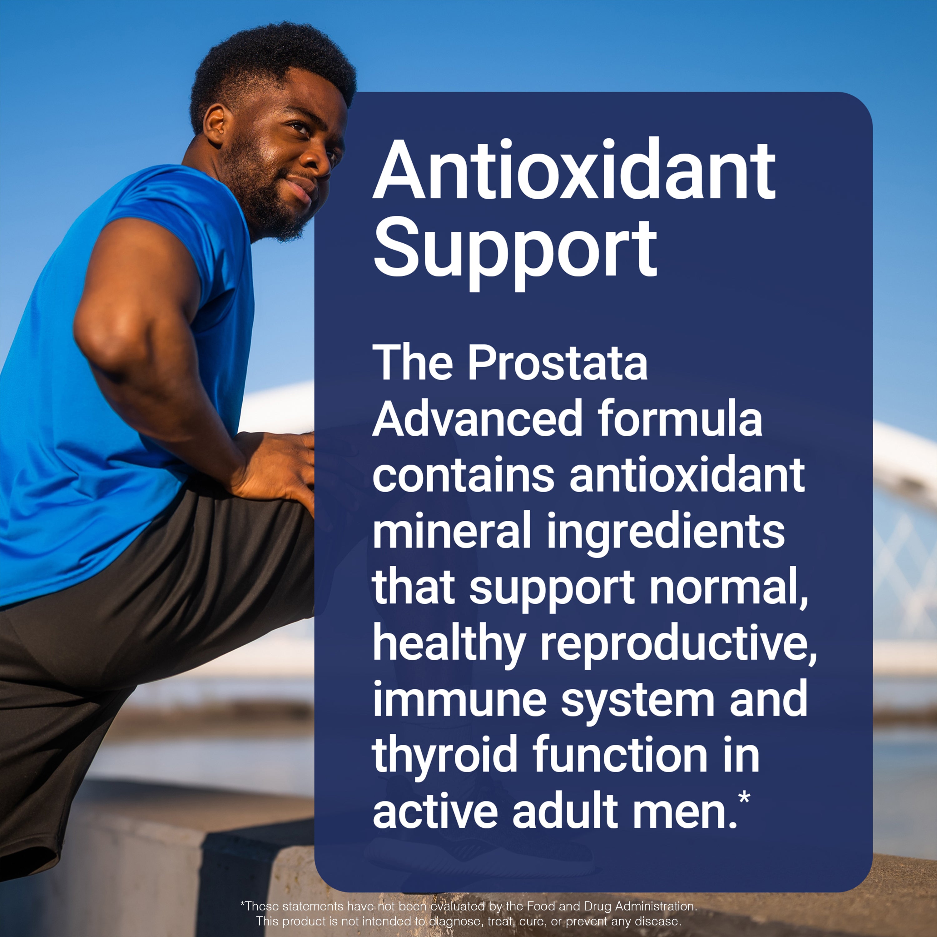 Man exercising outdoors with a supplement label about antioxidant support for the prostate.