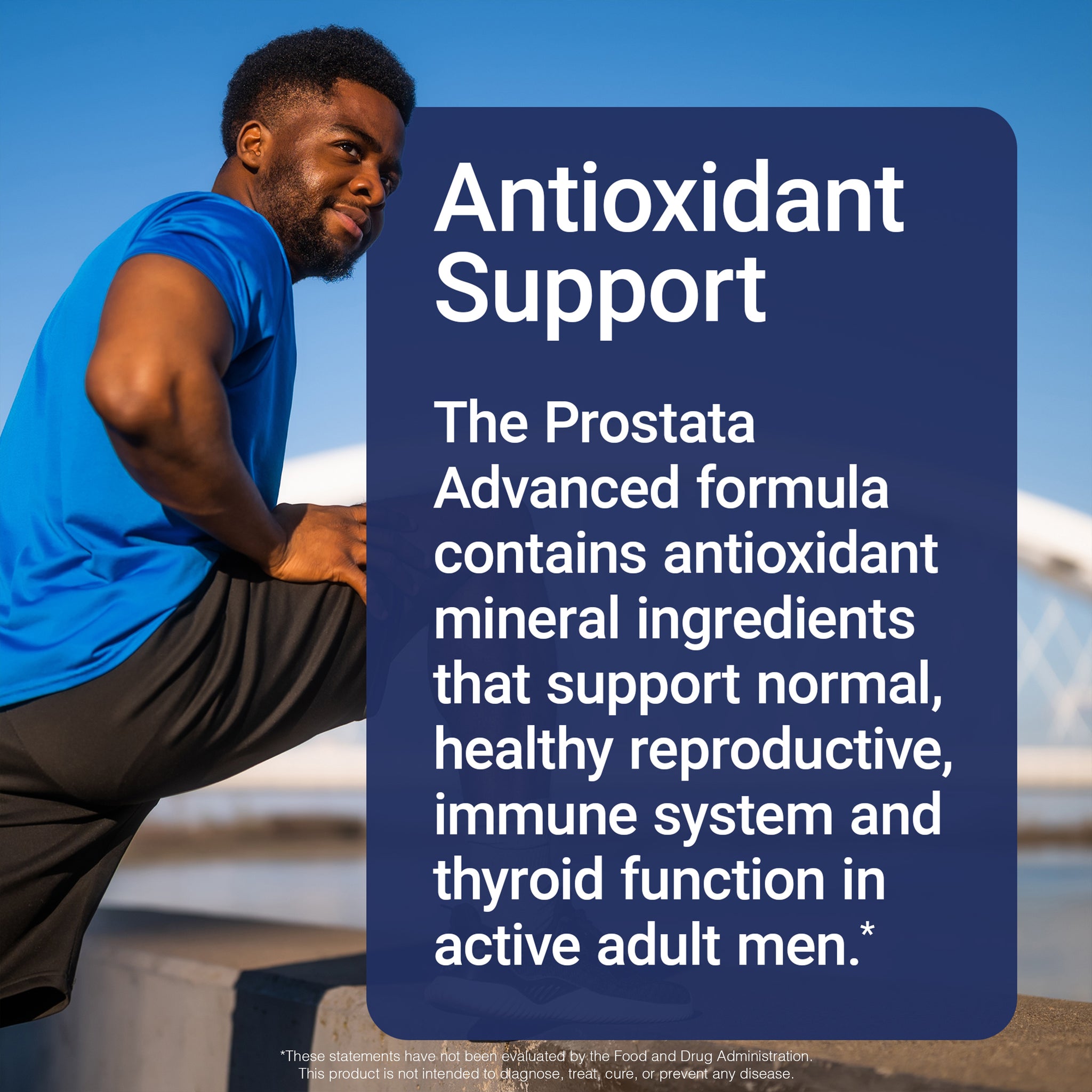 Man exercising outdoors with a supplement label about antioxidant support for the prostate.