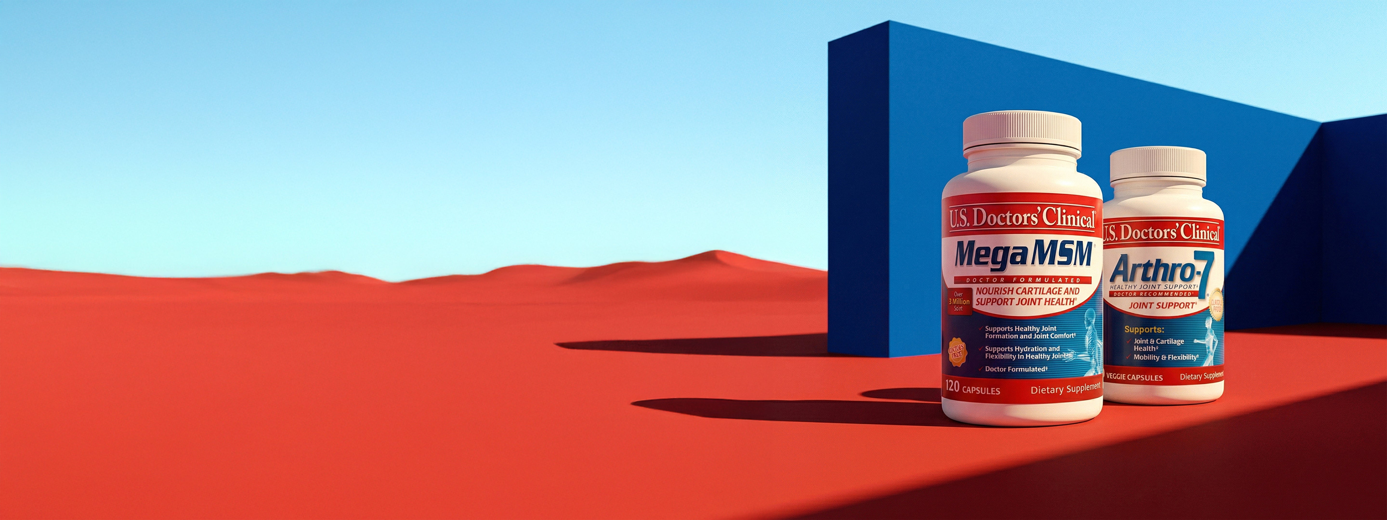 Two bottles of U.S. Doctors' Clinical MegaMSM and Arthro-7 supplements on a red and blue background