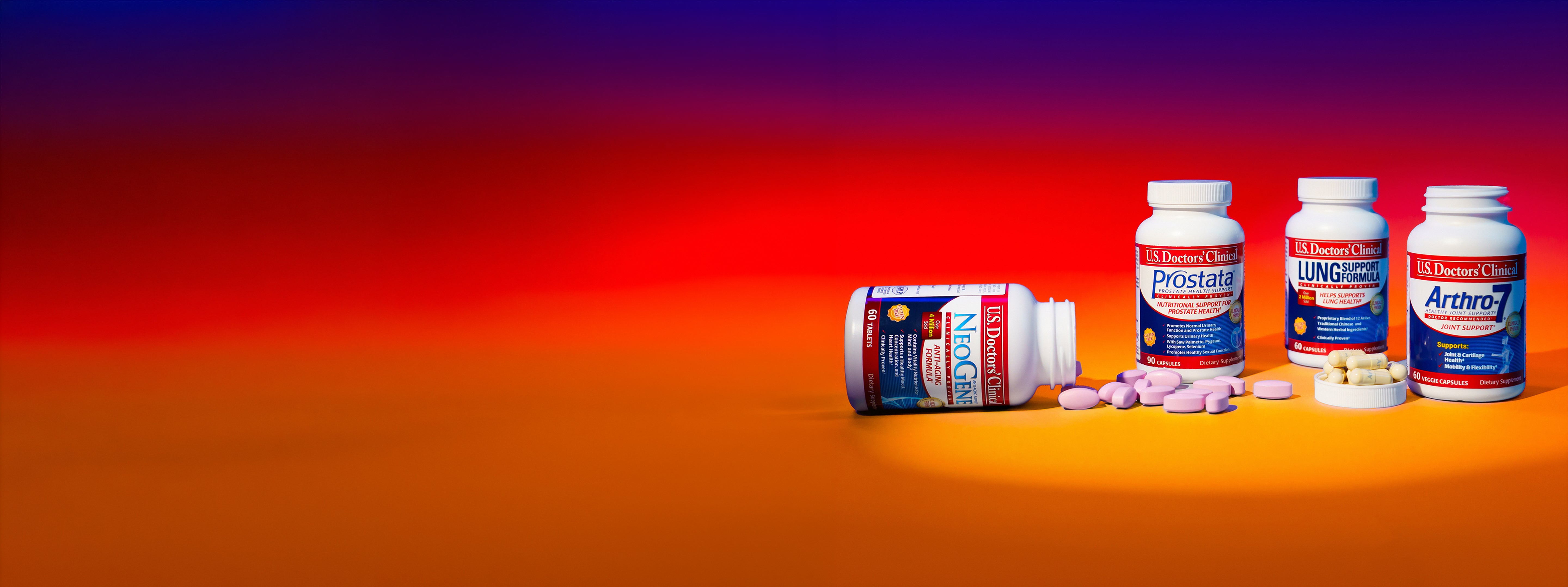 Bottles of U.S. Doctors' Clinical Supplement bottles on a blue, red, and orange gradient background