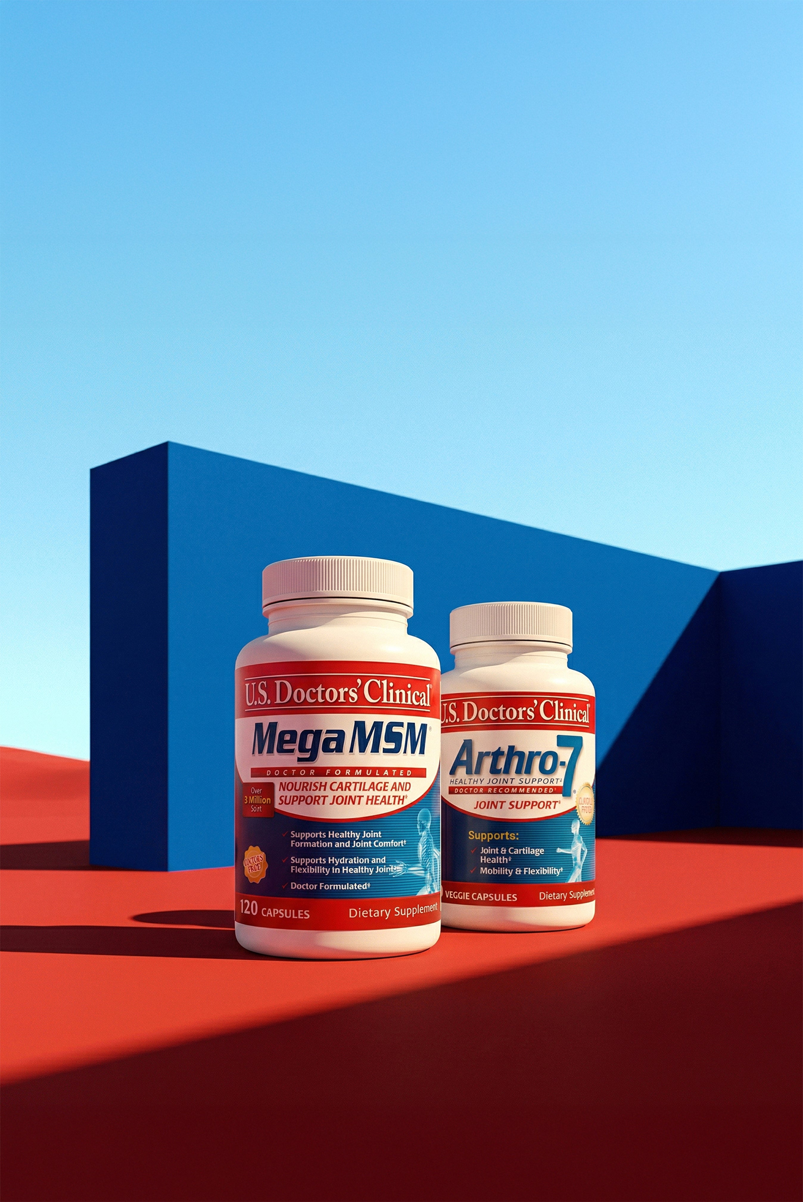 Two bottles of U.S. Doctors' Clinical MegaMSM and Arthro-7 supplements on a red and blue background