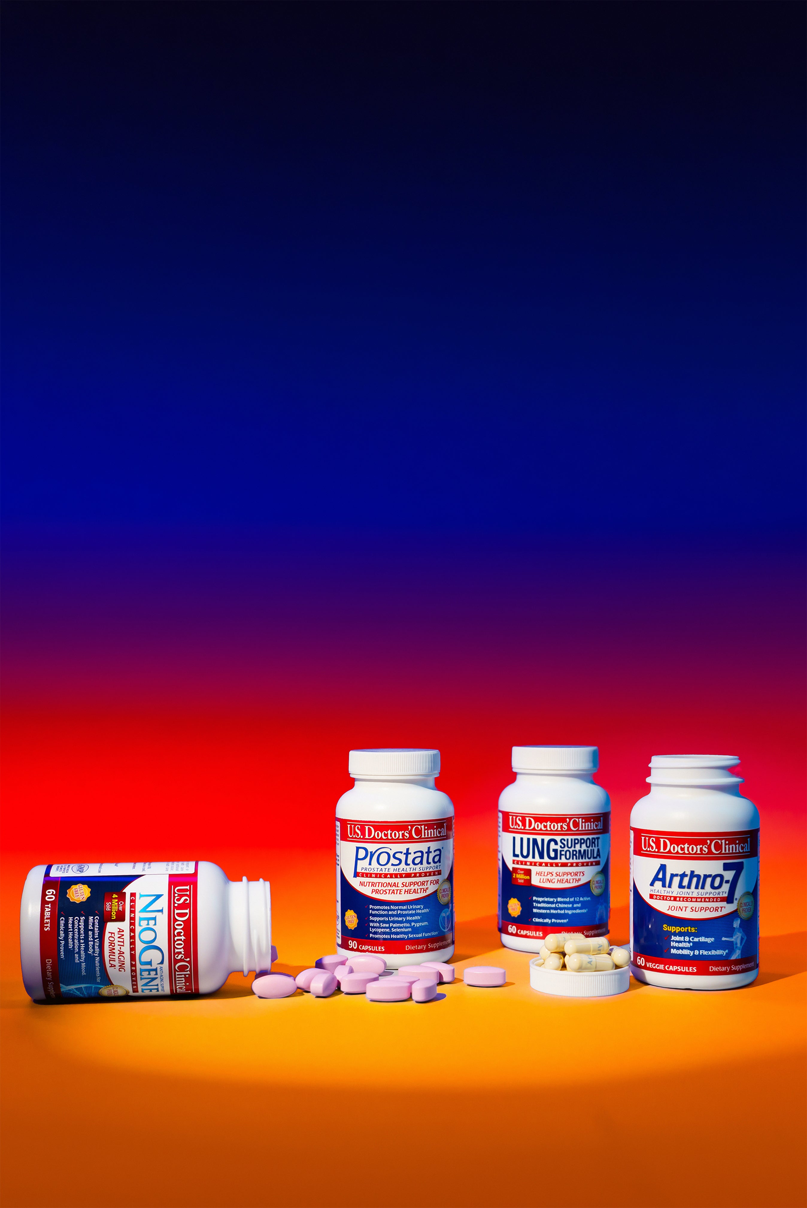 Bottles of U.S. Doctors' Clinical Supplement bottles on a blue, red, and orange gradient background