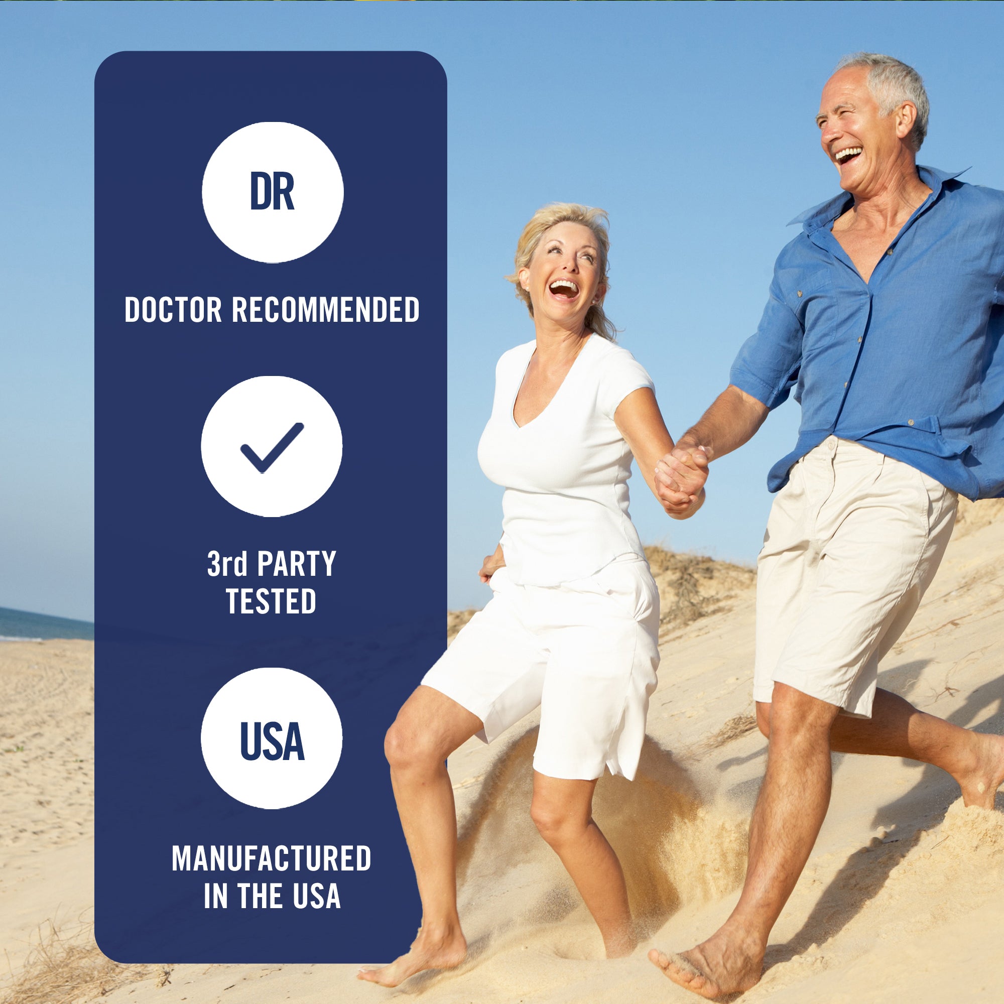 Man and woman walking on a beach with product features displayed on the left.