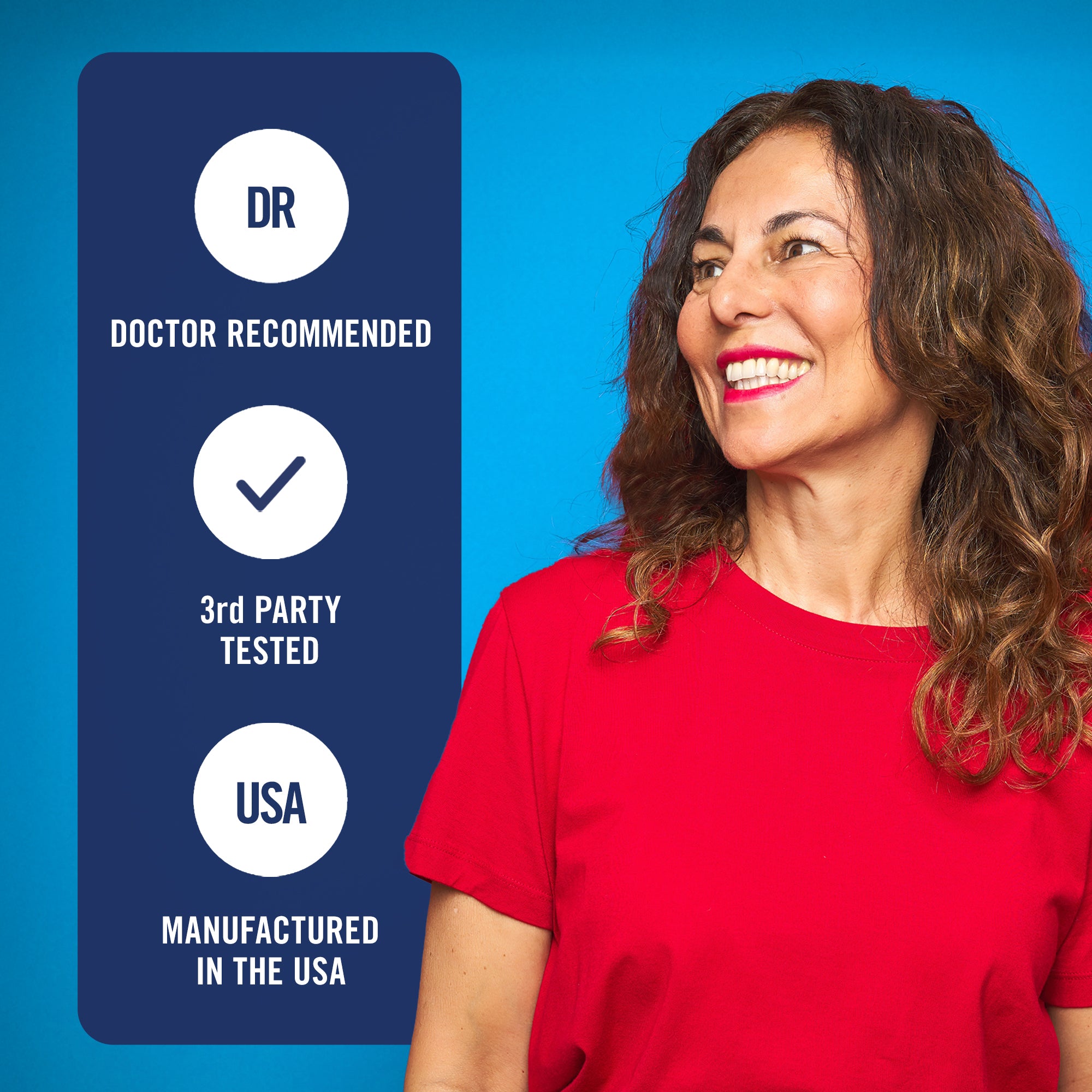 Woman in a red shirt with 'Doctor Recommended', '3rd Party Tested', and 'USA Manufactured' labels on a blue background